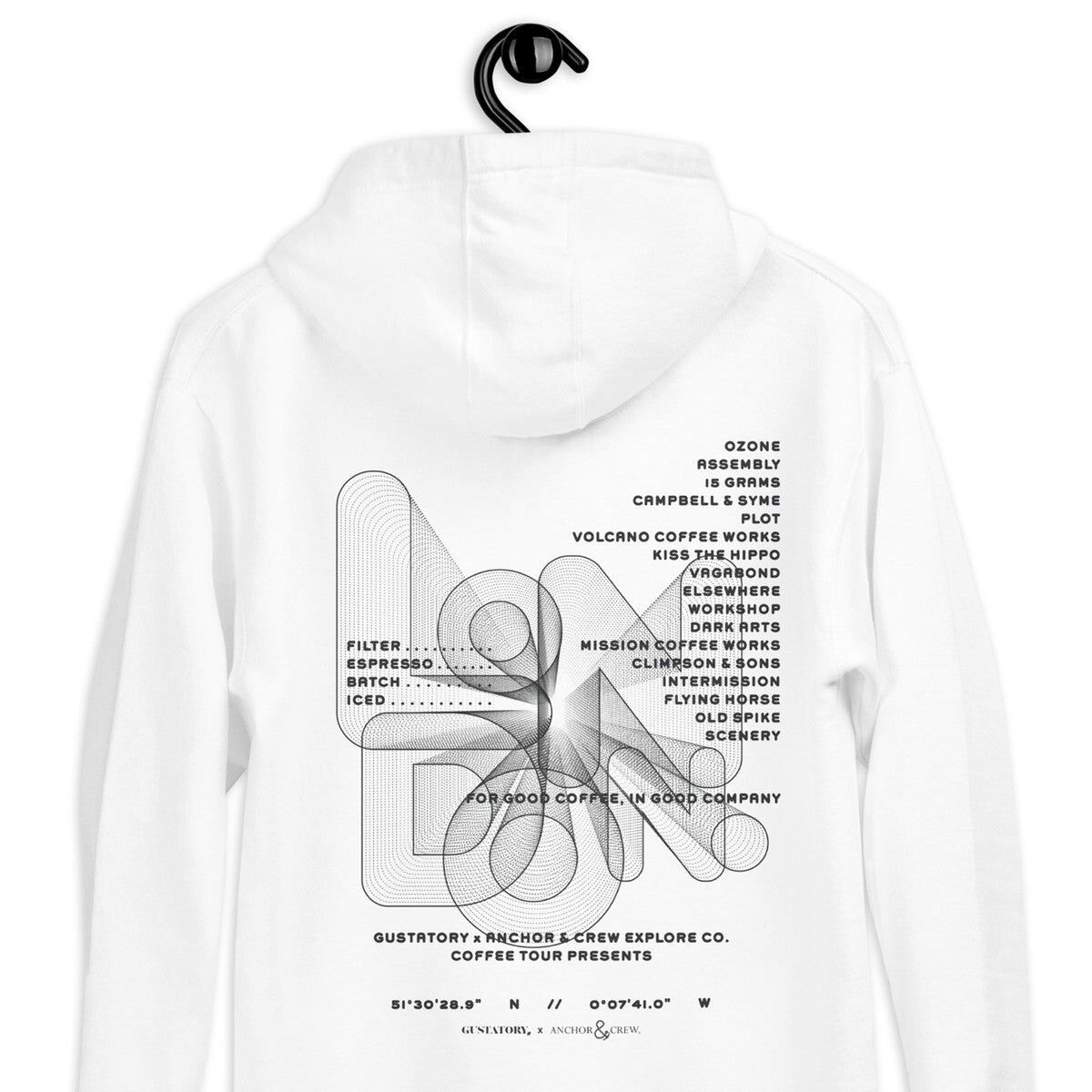 Sudadera con capucha bordada de mezcla de algodón con escena de café londinense GUSTATORY