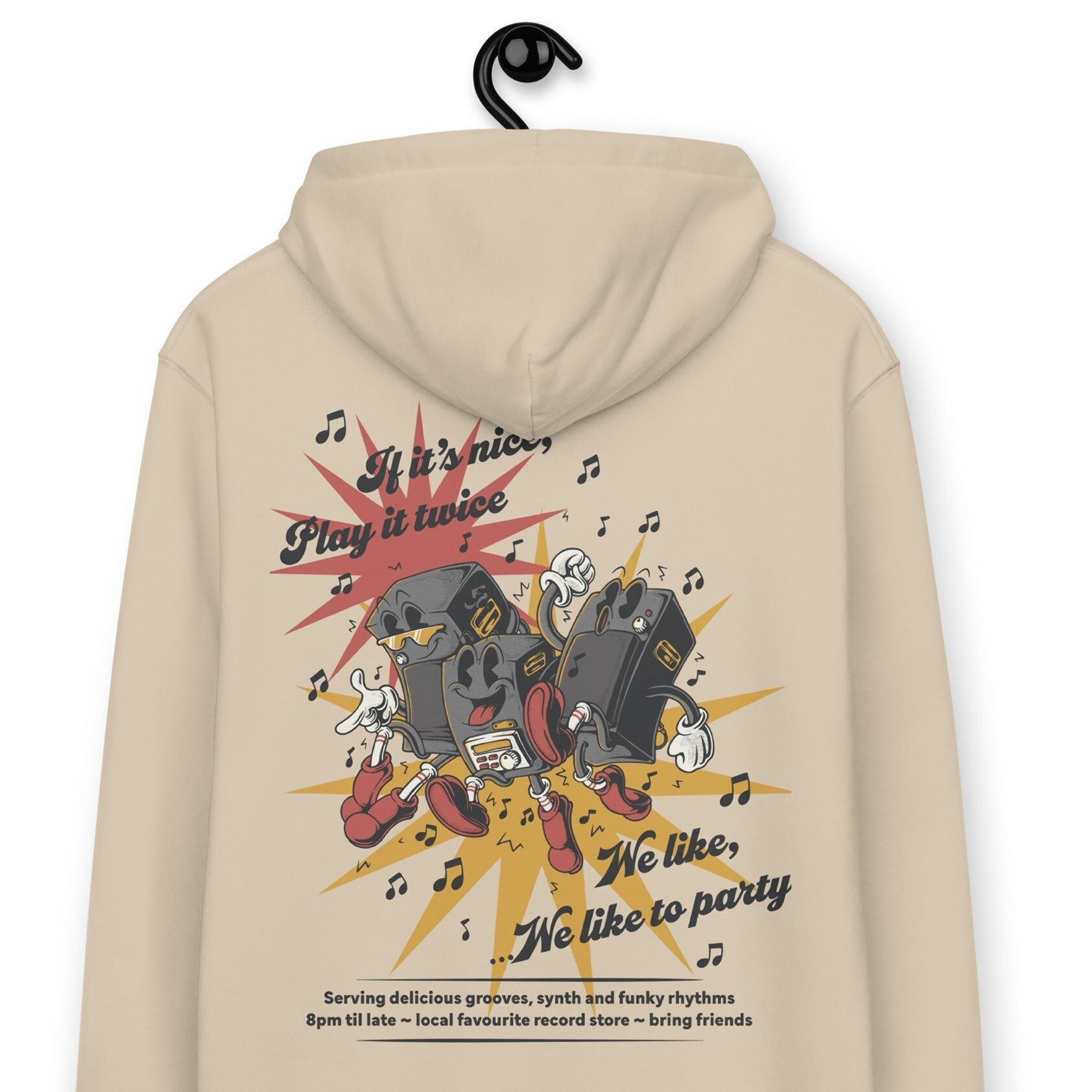 Se è bello, suonalo due volte DISCO!Felpa con cappuccio pesante ricamata in cotone biologico
