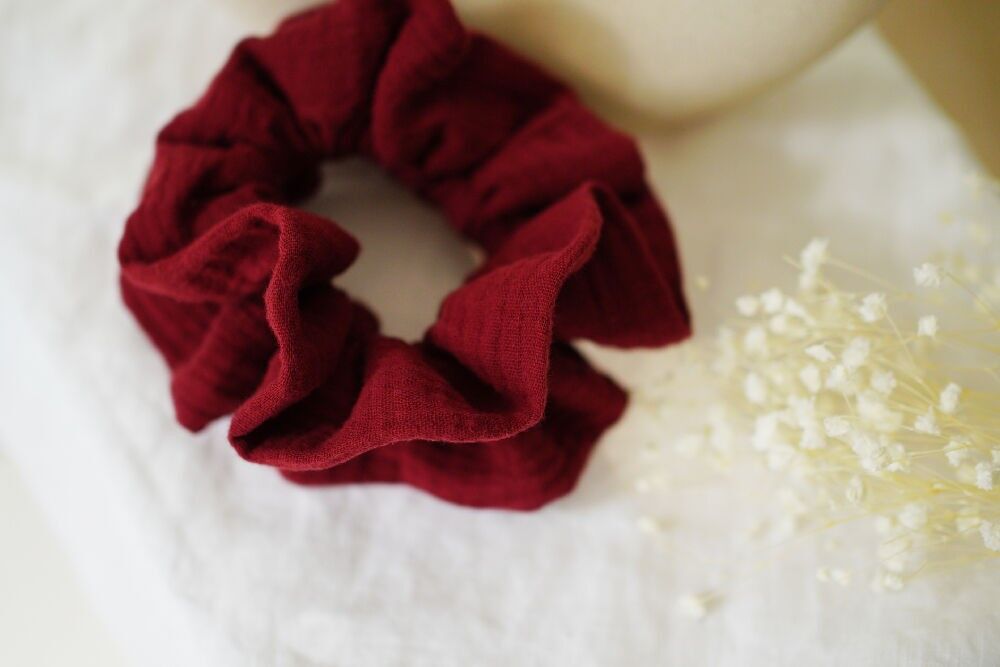 Maxi Scrunchie Apolline Double Cotton Gauze Plain Burgundy Red