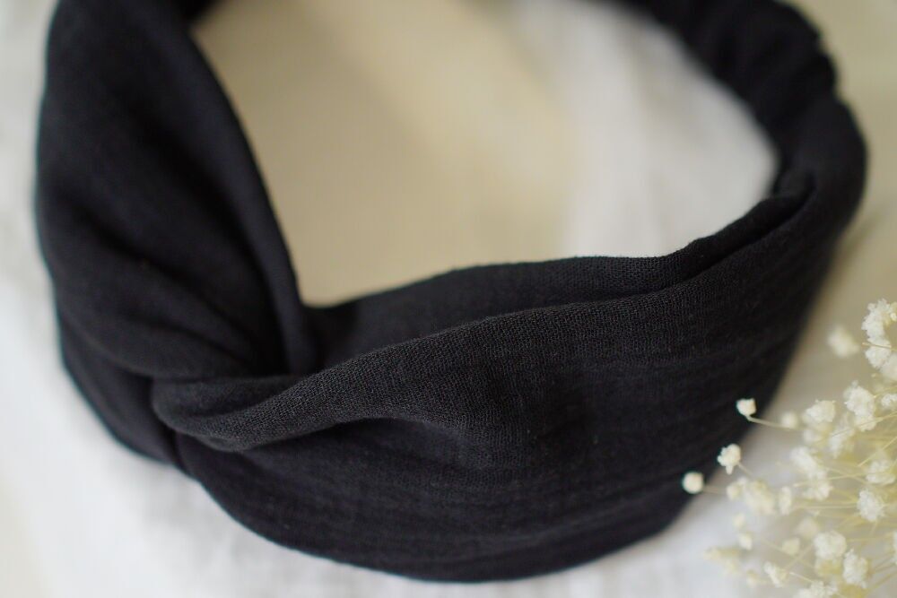 Fascia per capelli Cléa in doppia garza di cotone, tinta unita, nera