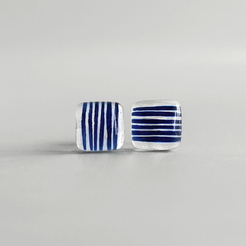 Pendientes Rayas azules y blancas, Joyas vidrio y plata de ley