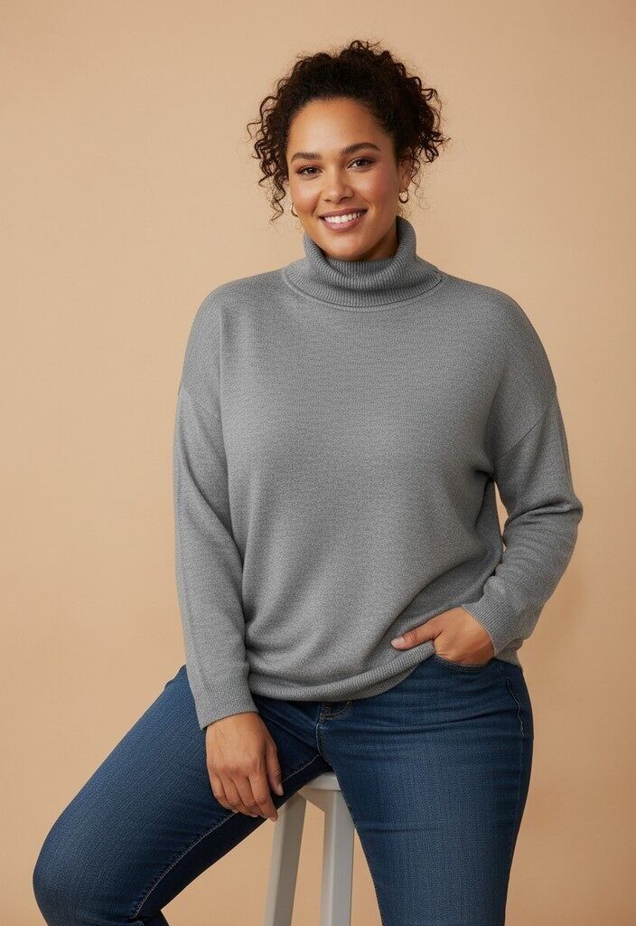 Suéter de cuello alto gris de talla grande (T9360)