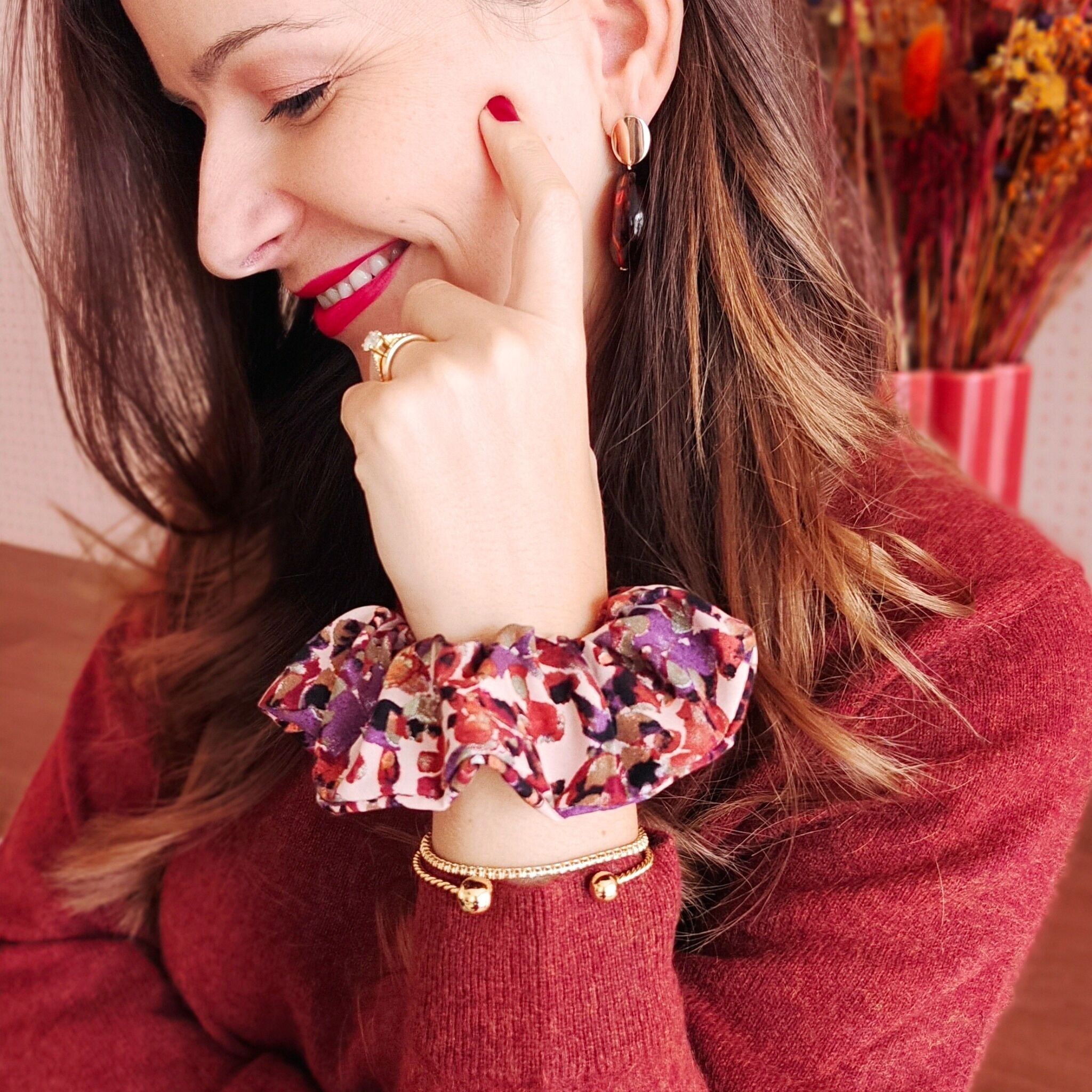 Elastico per capelli MIA / viscosa stampa artistica ruggine terracotta marrone viola