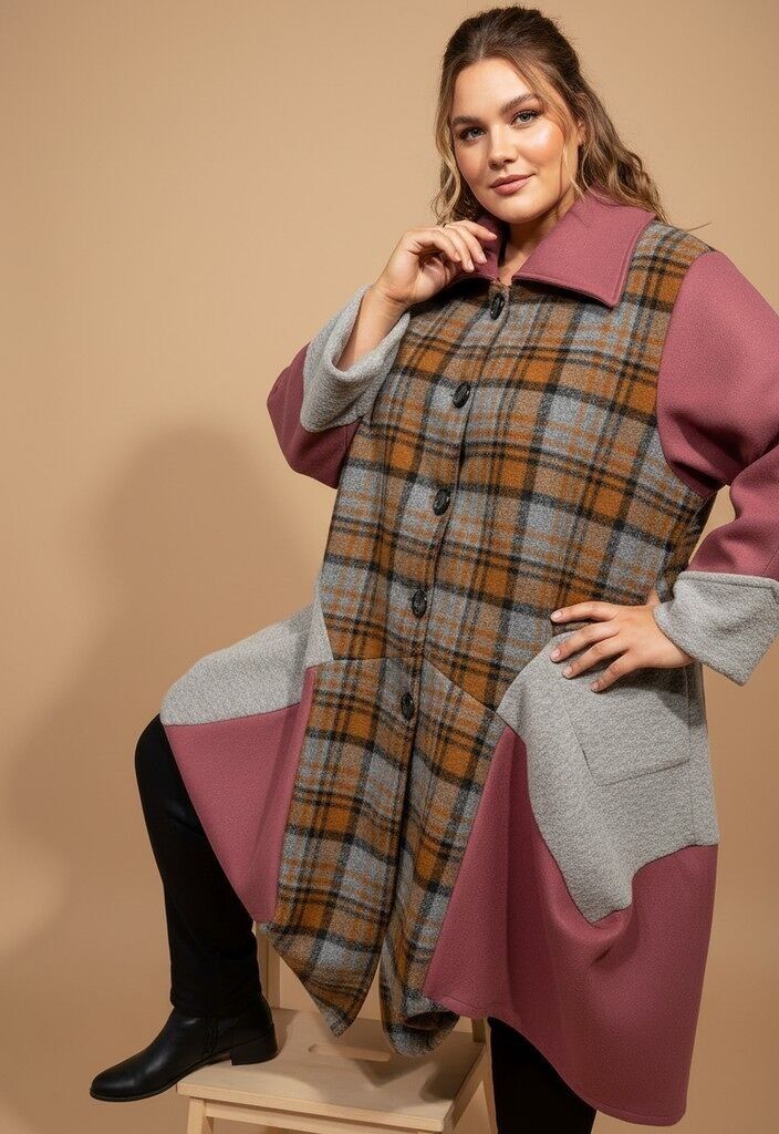Rosa karierter Wollmantel in Übergröße (T2463)