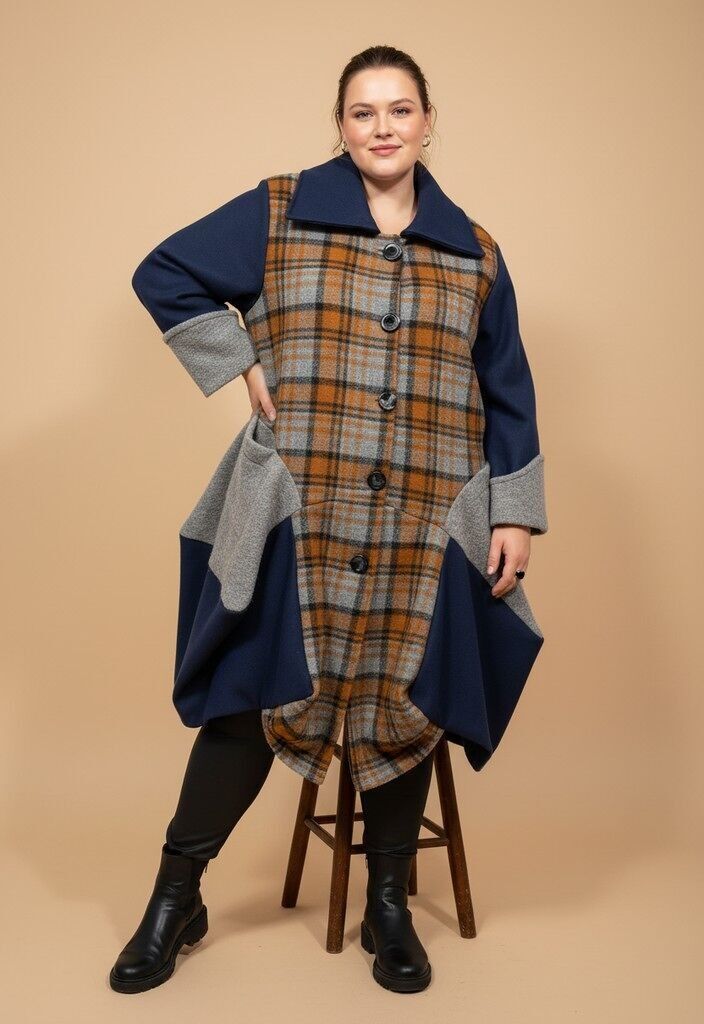 Blauer Wollmantel mit Karomuster in Übergröße (T2463)