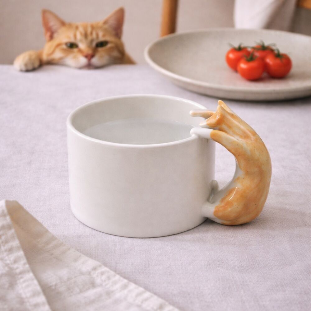 Tazza in ceramica fatta a mano a forma di gatto - Regalo per gli amanti dei gatti (zenzero 300 ml)