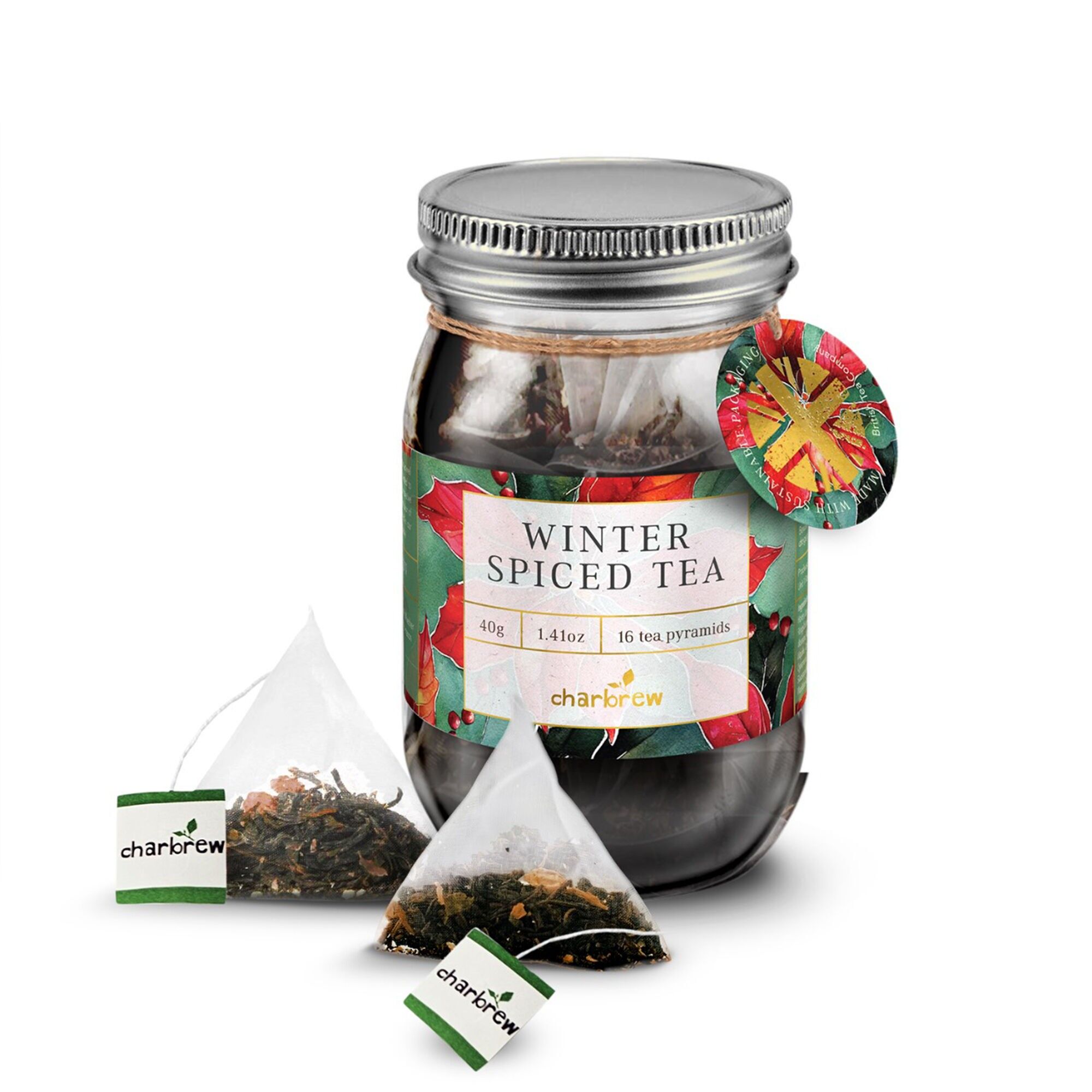 Weihnachtlicher, blumiger, winterlicher Gewürztee im Einmachglas – 16 biologisch abbaubare Teebeutelpyramiden