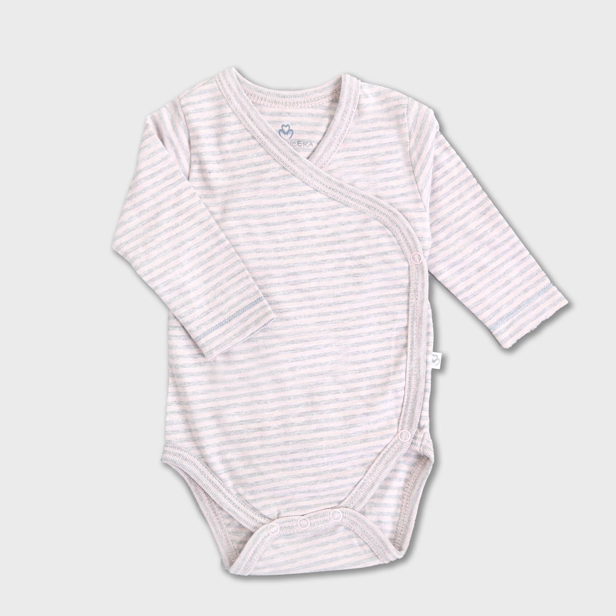 Body tipo kimono orgánico de manga larga para recién nacidos de OrganicEra, con rayas rosas jaspeadas