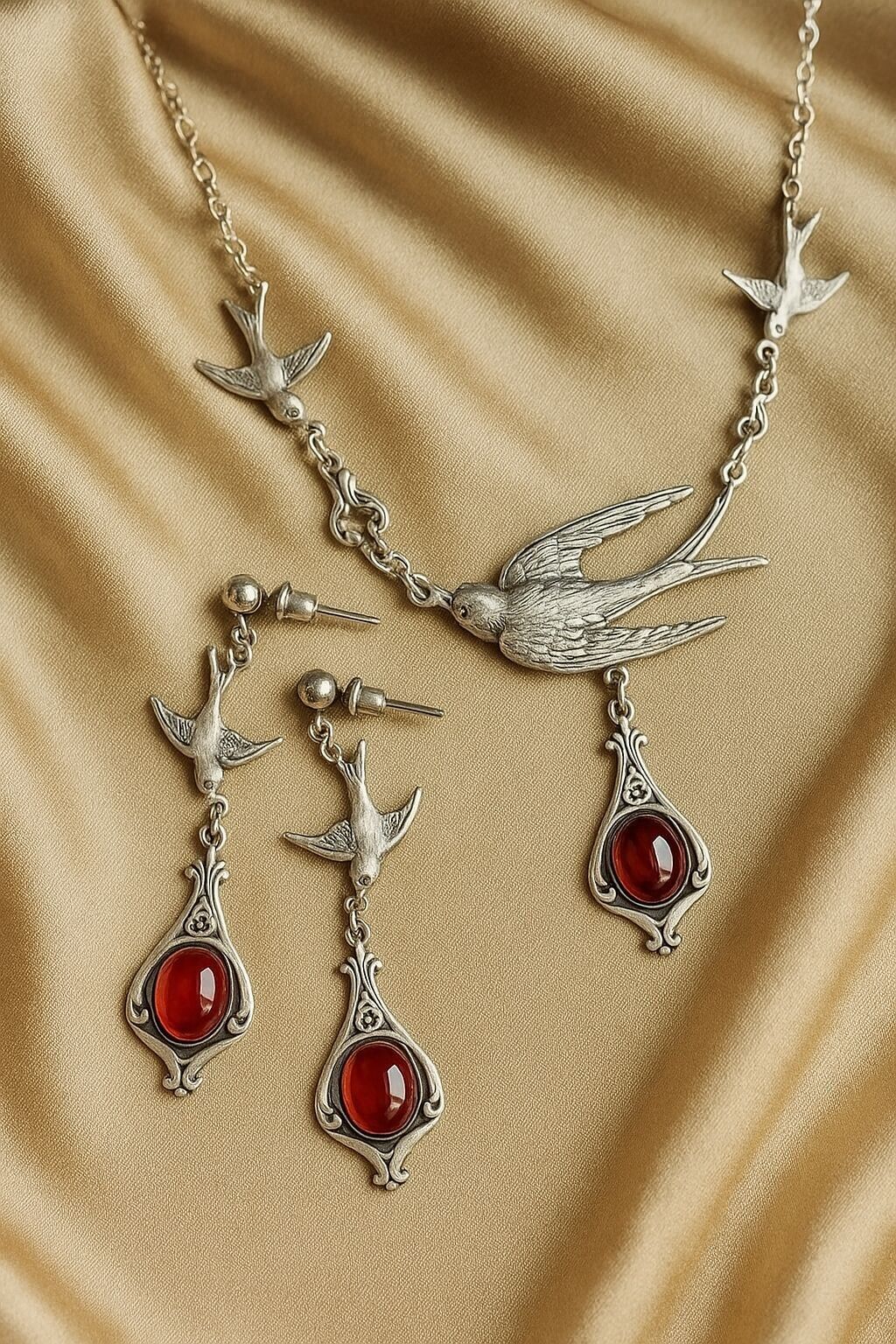 Set di gioielli vittoriani con ciondolo a forma di rondine