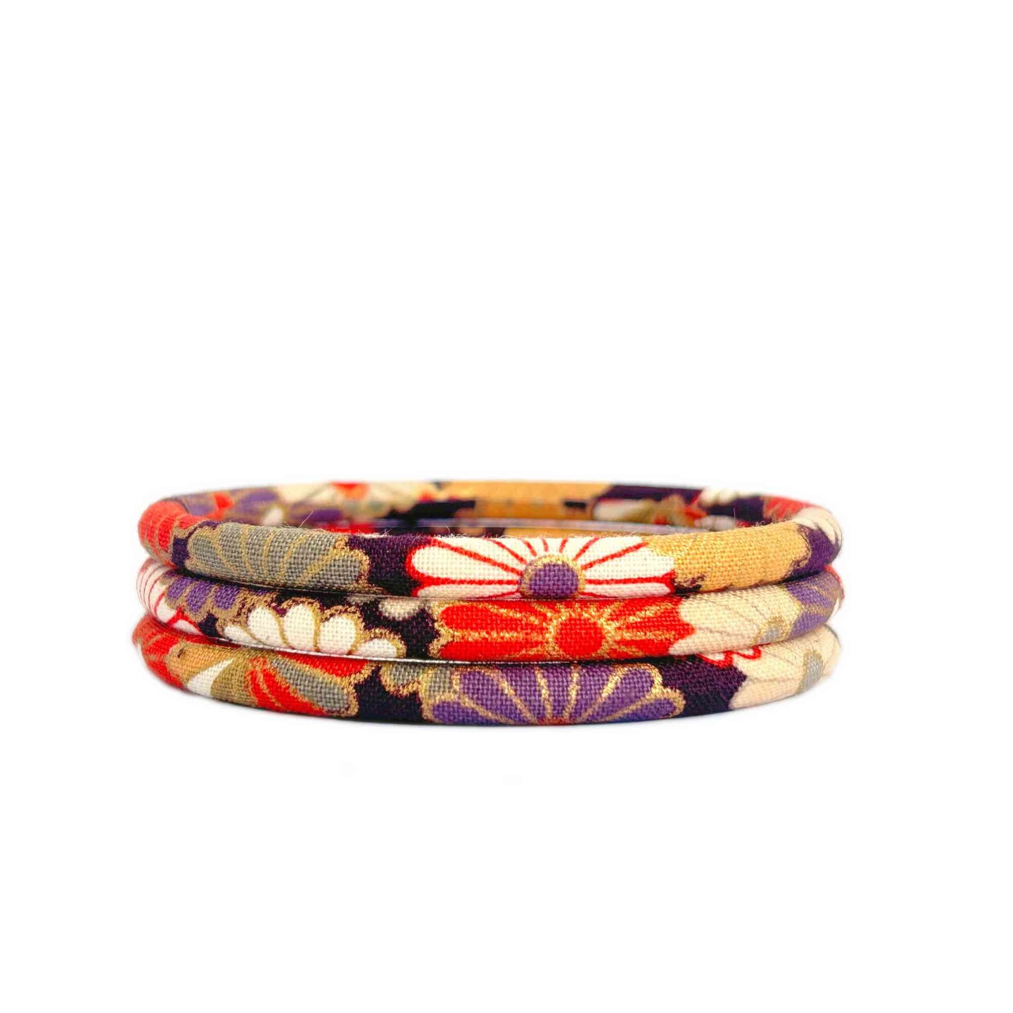 Bracciale rigido Kiku in tessuto giapponese, marrone/rosso/oro autunnale
