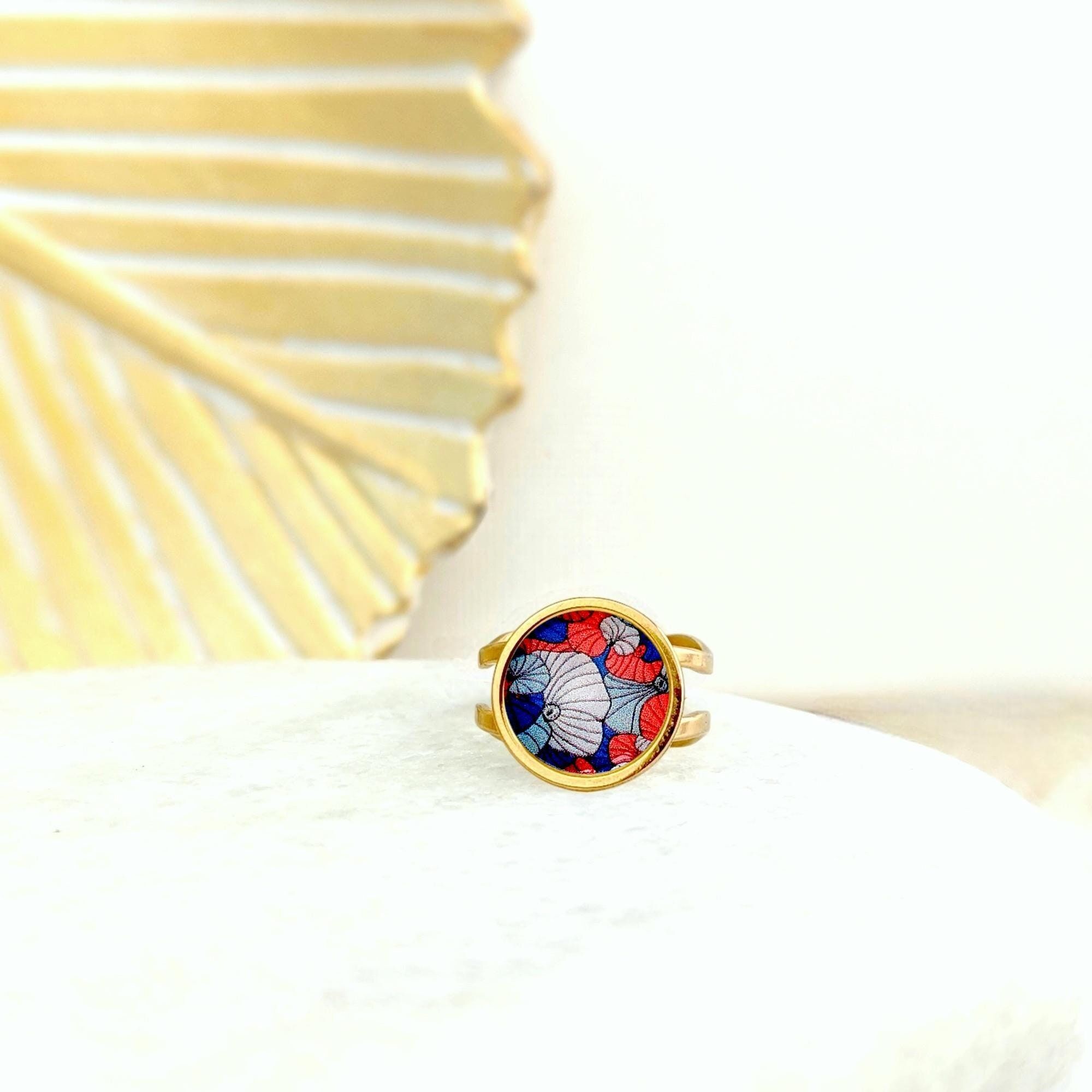 Bague cabochon bleu et rouge pour femme - Monture en acier inoxydable or ou argent