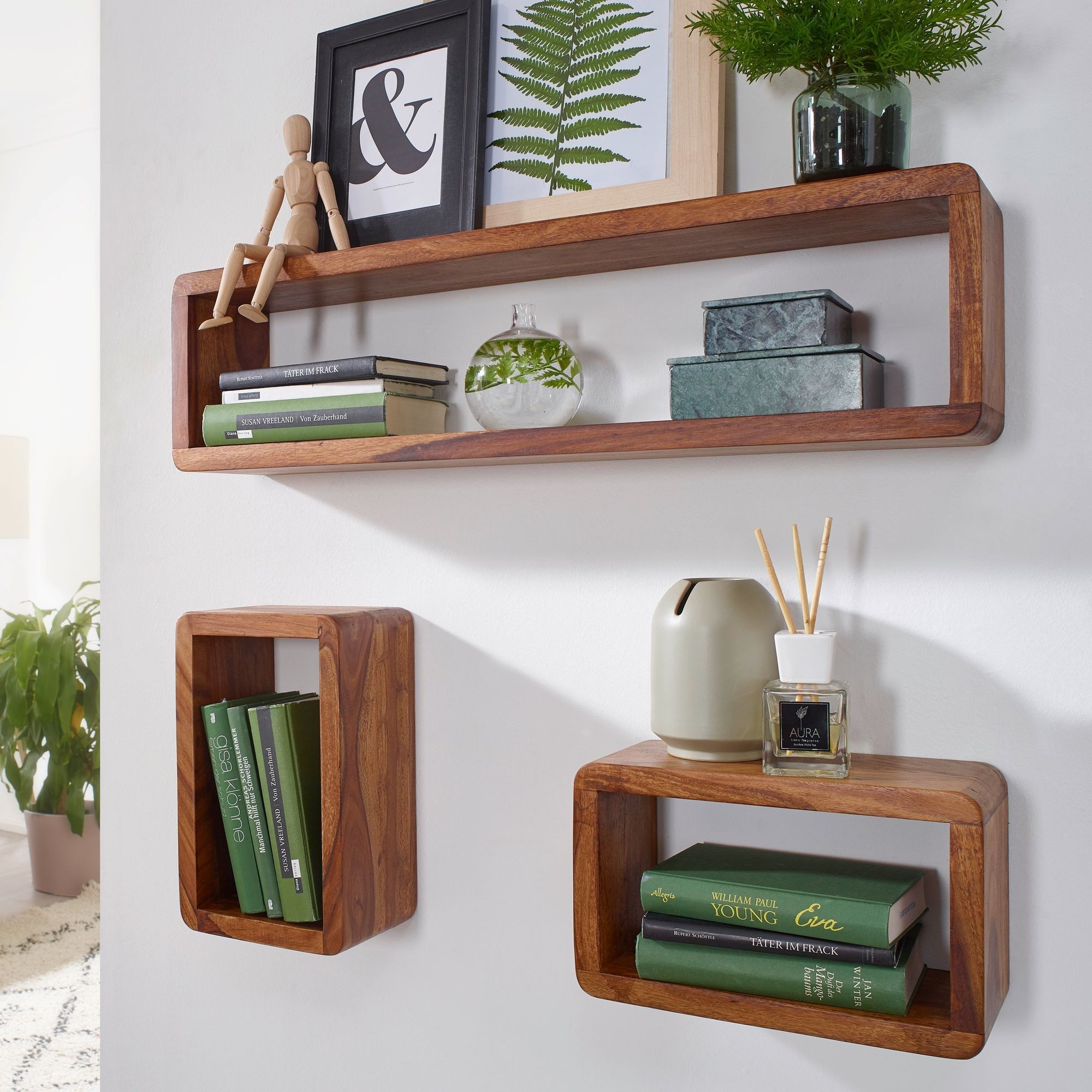 Design wall shelf set of 3 BOHA solid wood shelves Sheesham country style, rustic wall shelf set wood, square hanging shelf real wood, wall shelves, hanging cubes, square wall shelves