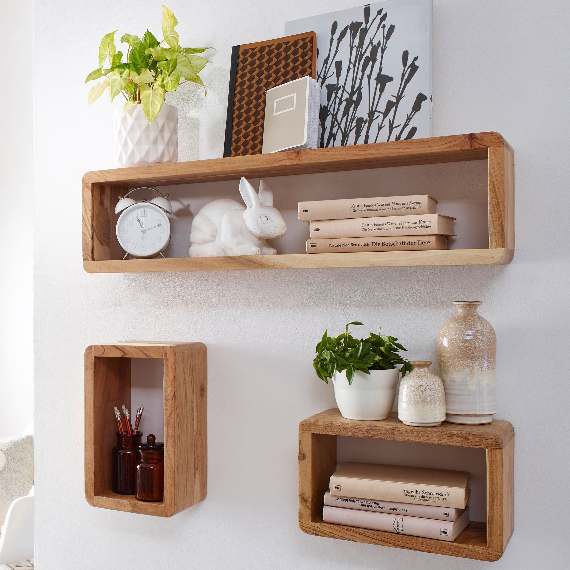 Design wall shelf set of 3 BOHA solid wood shelves acacia country style, rustic wall shelf set wood, square hanging shelf real wood, wall shelves, hanging cubes, square wall shelves