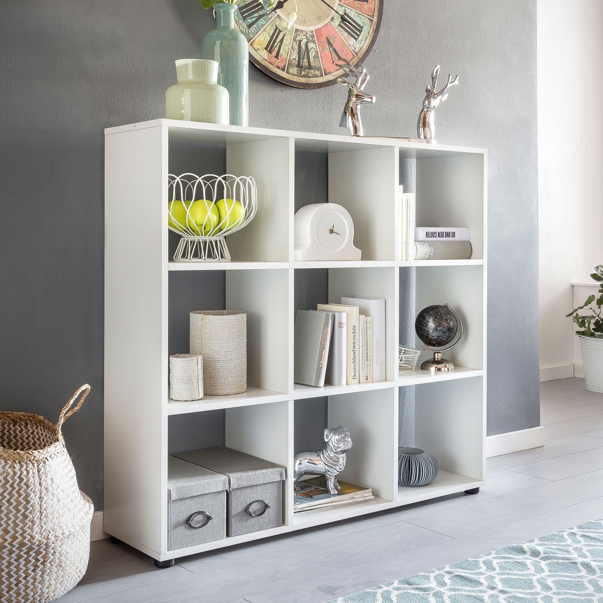 Design bookcase with 9 compartments white 108 x 104 x 29 cm, freestanding wooden shelf, filing cabinet, room divider, cube shelf, modern, open storage shelf