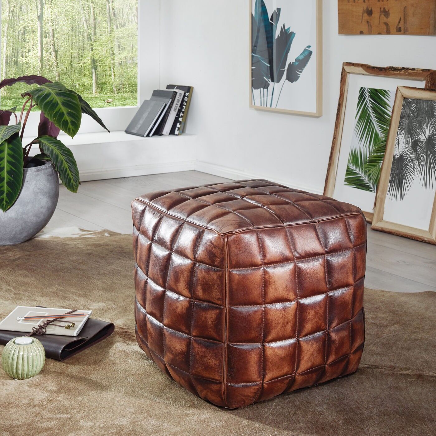 Seat cube genuine leather brown 39 x 41 x 39 cm ottoman living room, design pouf stool oriental, upholstered seat stool noble, oriental leg rest bench, cube upholstered stool square