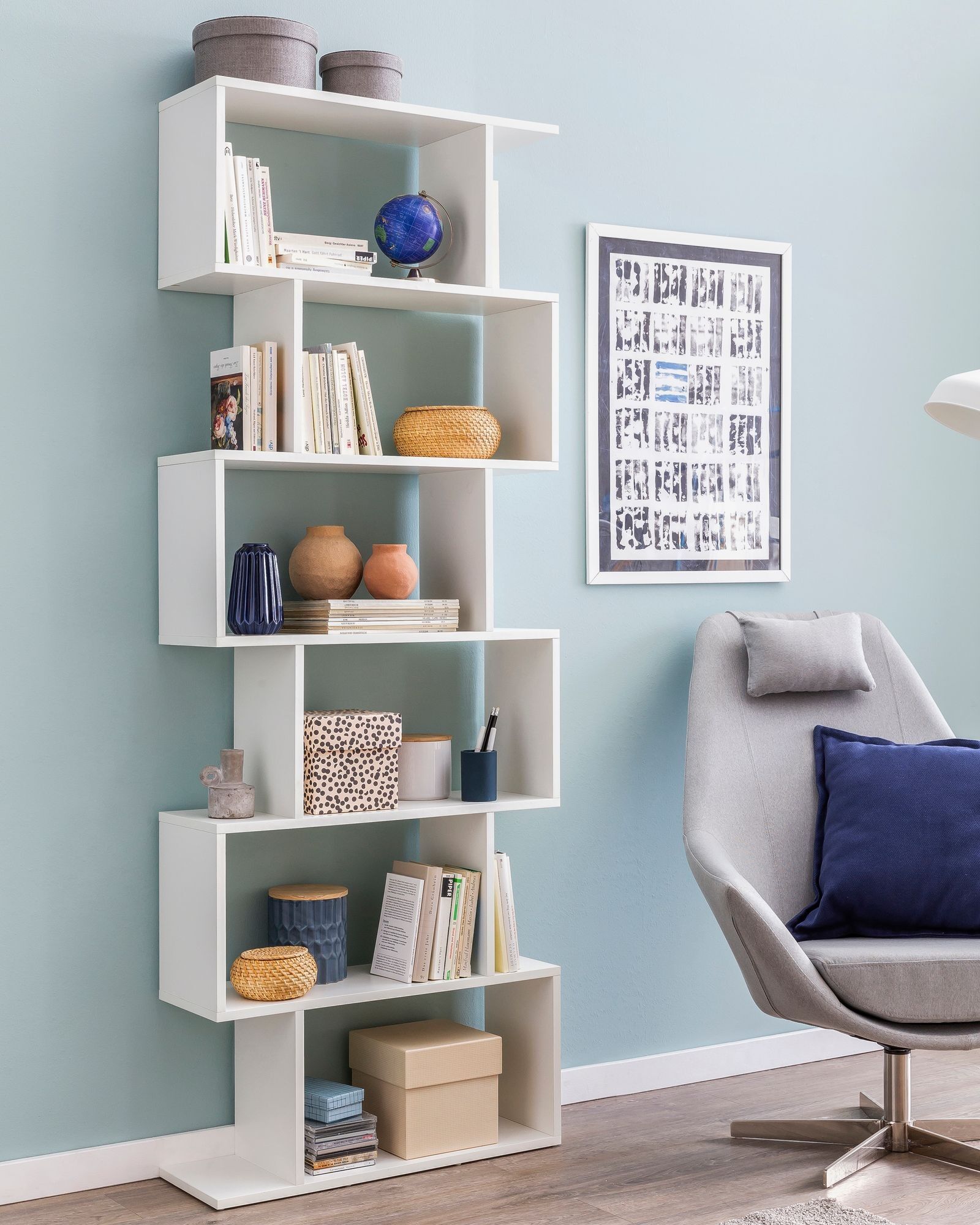 Bookcase WL5.691 70 x 23.5 x 190.5 cm white, standing shelf with 6 compartments, small design chest of drawers, modern filing cabinet made of chipboard, freestanding storage shelf