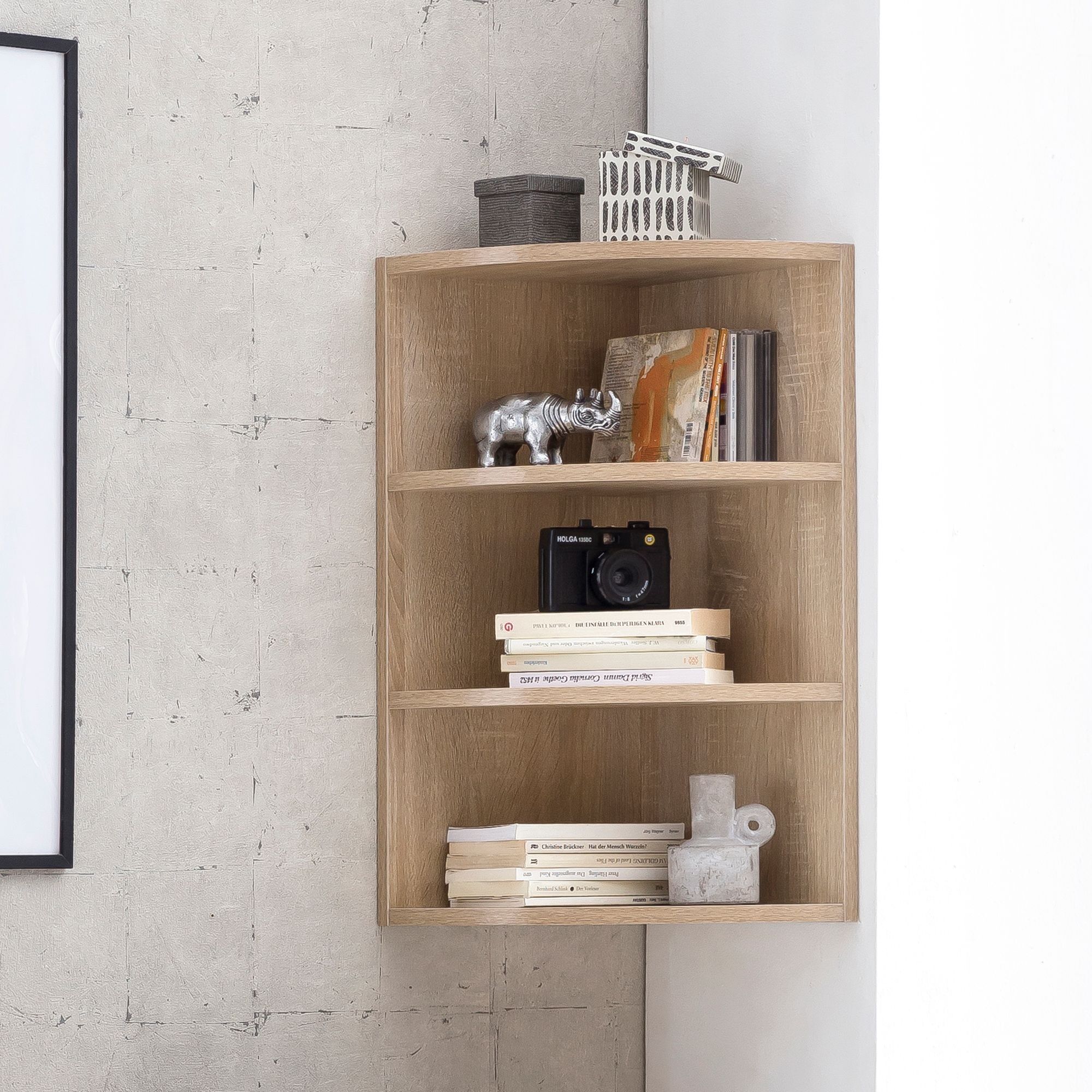 Corner shelf Sonoma 30x60x30 cm WL5.842 wooden wall shelf corner hanging shelf, wooden shelf for the wall high, floating wall shelf, design decorative shelf with round front, floating bookcase modern