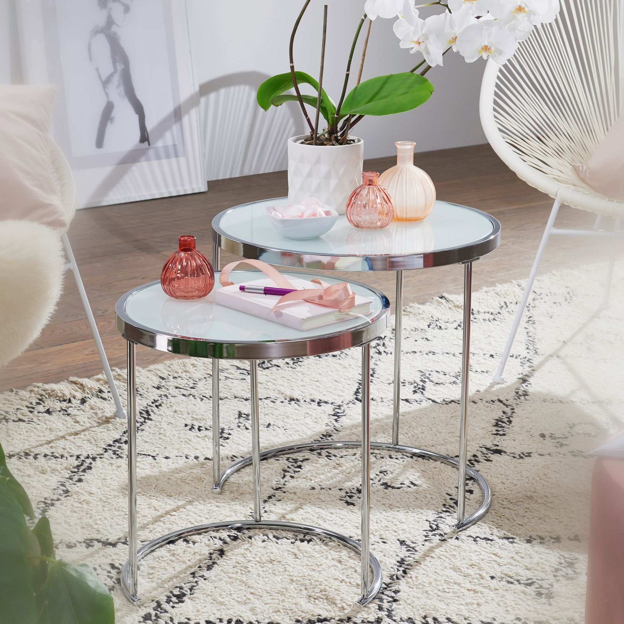 Design side table round Ø 50/42 cm - 2 pieces white silver with glass top, coffee table set of 2, side tables frosted glass, coffee table