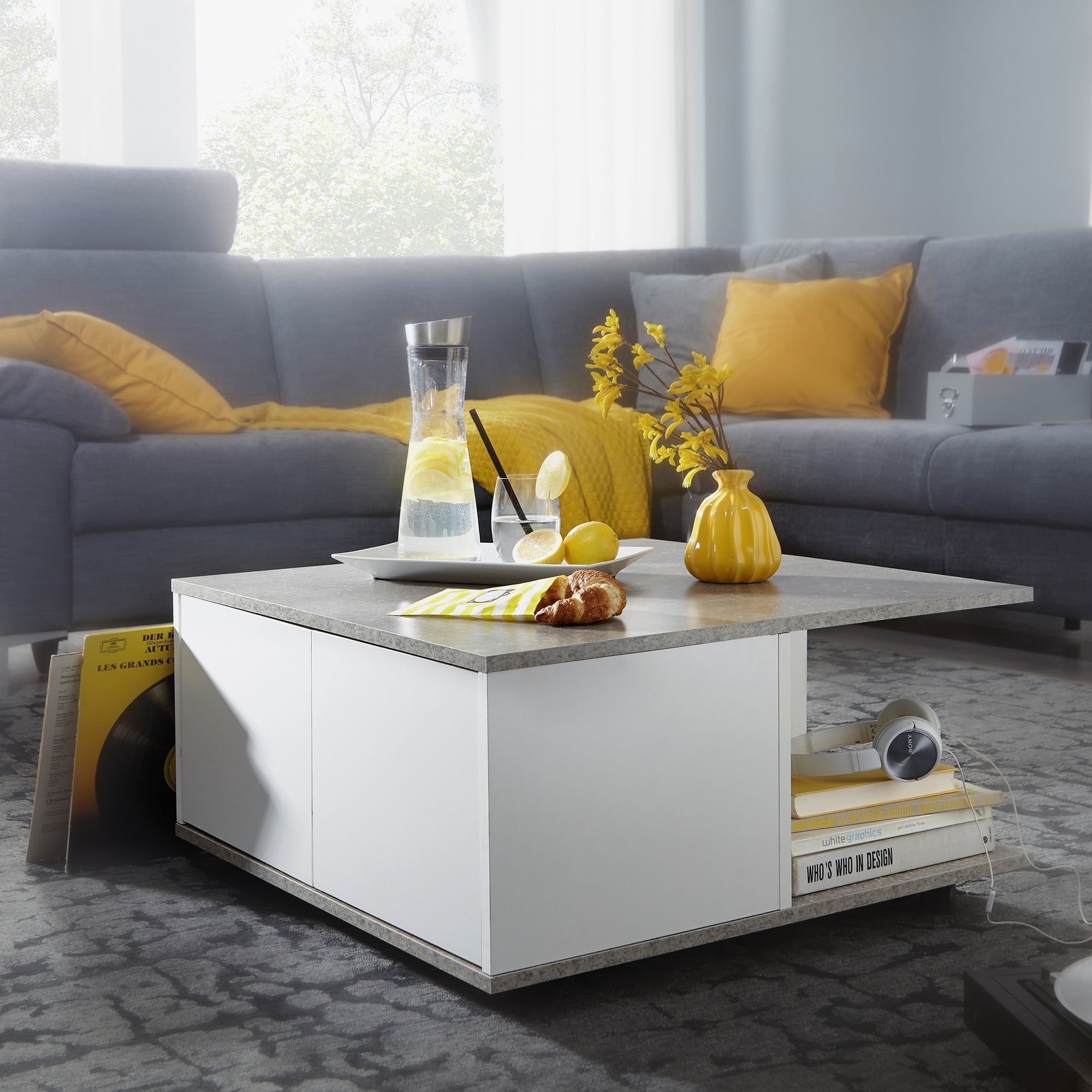 Designer coffee table 70x70 cm cement gray/white, coffee table with 2 drawers, coffee table with wheels, table with 2 compartments