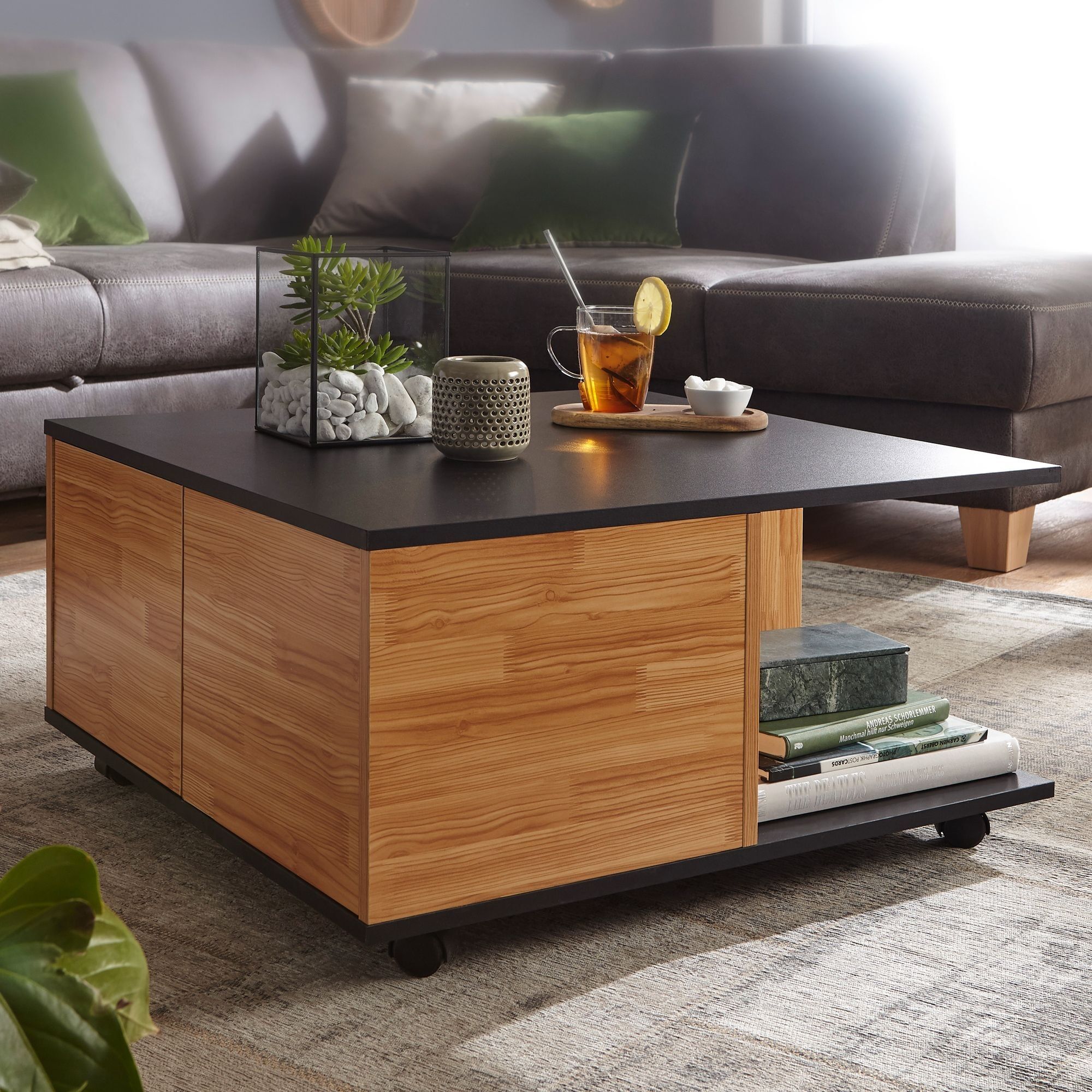 Design coffee table 70x70 cm anthracite/sand oak, coffee table with 2 drawers, coffee table with wheels, table with 2 compartments