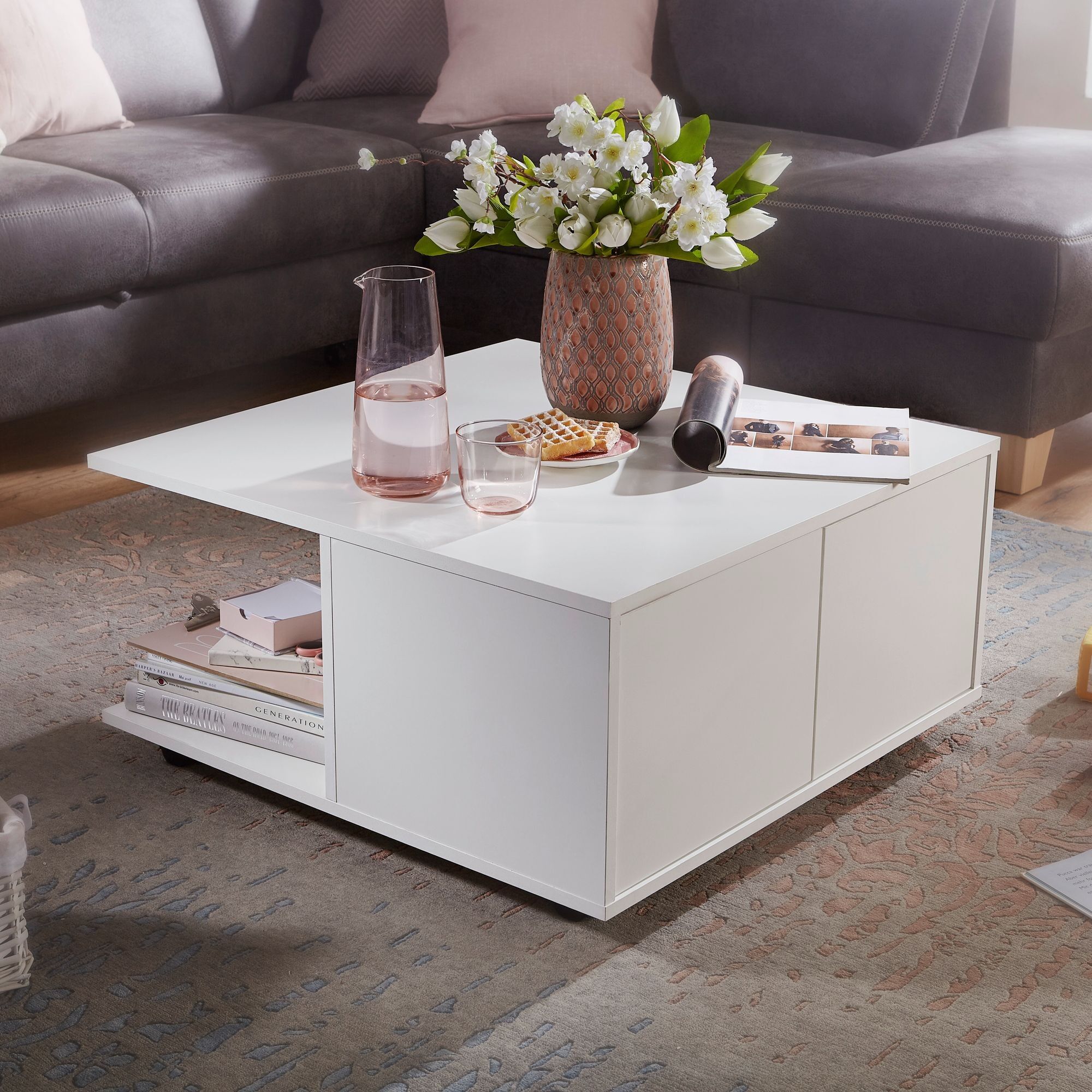 Designer coffee table 70x70 cm white, coffee table with 2 drawers, coffee table with wheels, table with 2 compartments