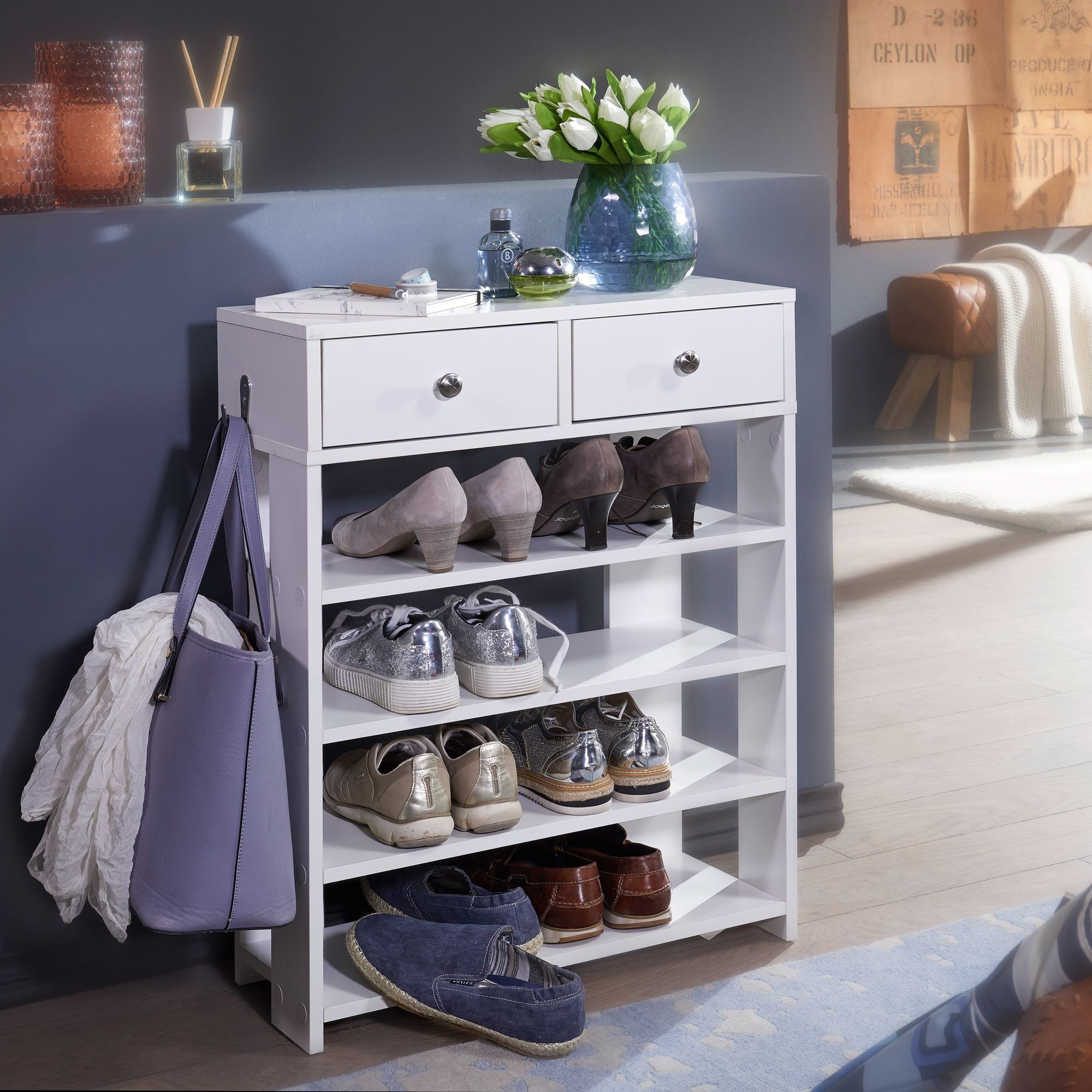 Design shoe rack 60 x 79 x 24 cm hall shelf white, shelf with two drawers, high standing shelf with 4 compartments