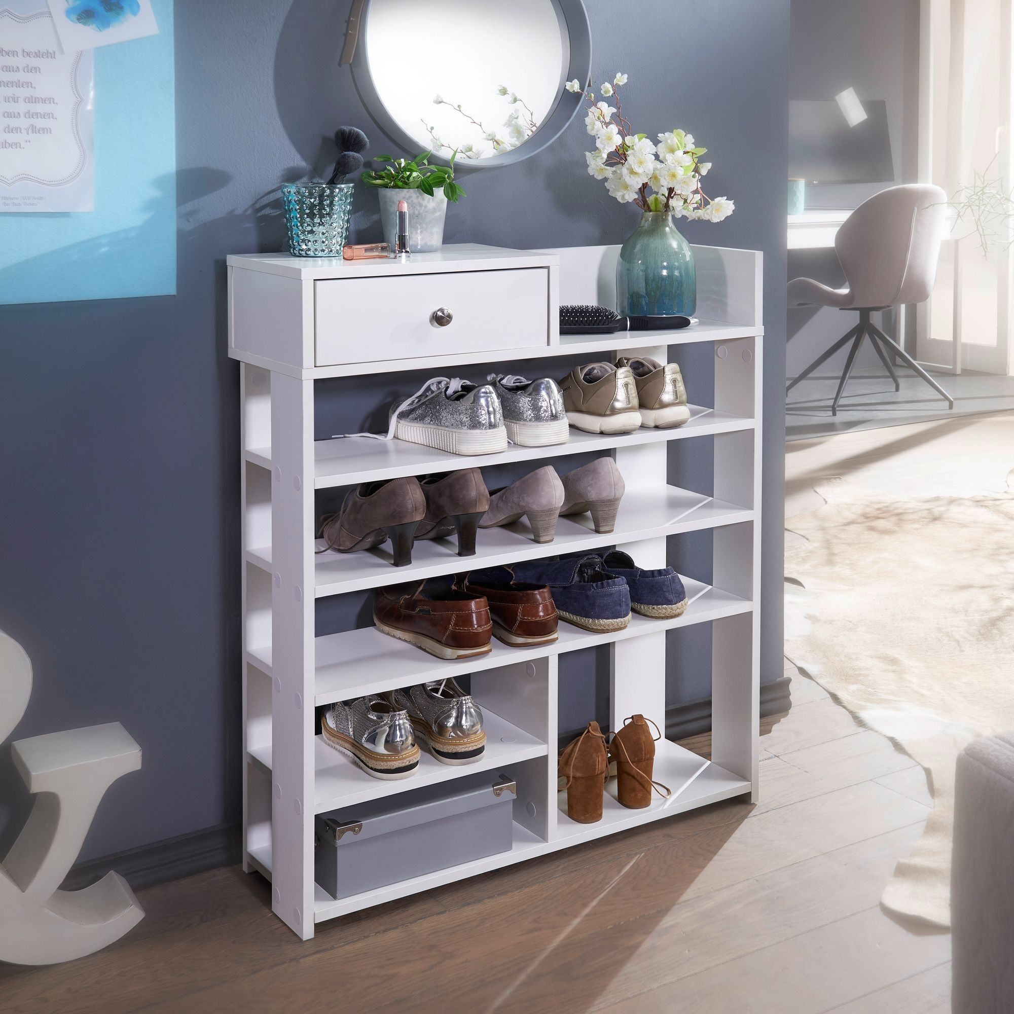 Design shoe rack 75 x 92.5 x 24 cm hall shelf white, high standing shelf with 7 compartments, shelf with drawer