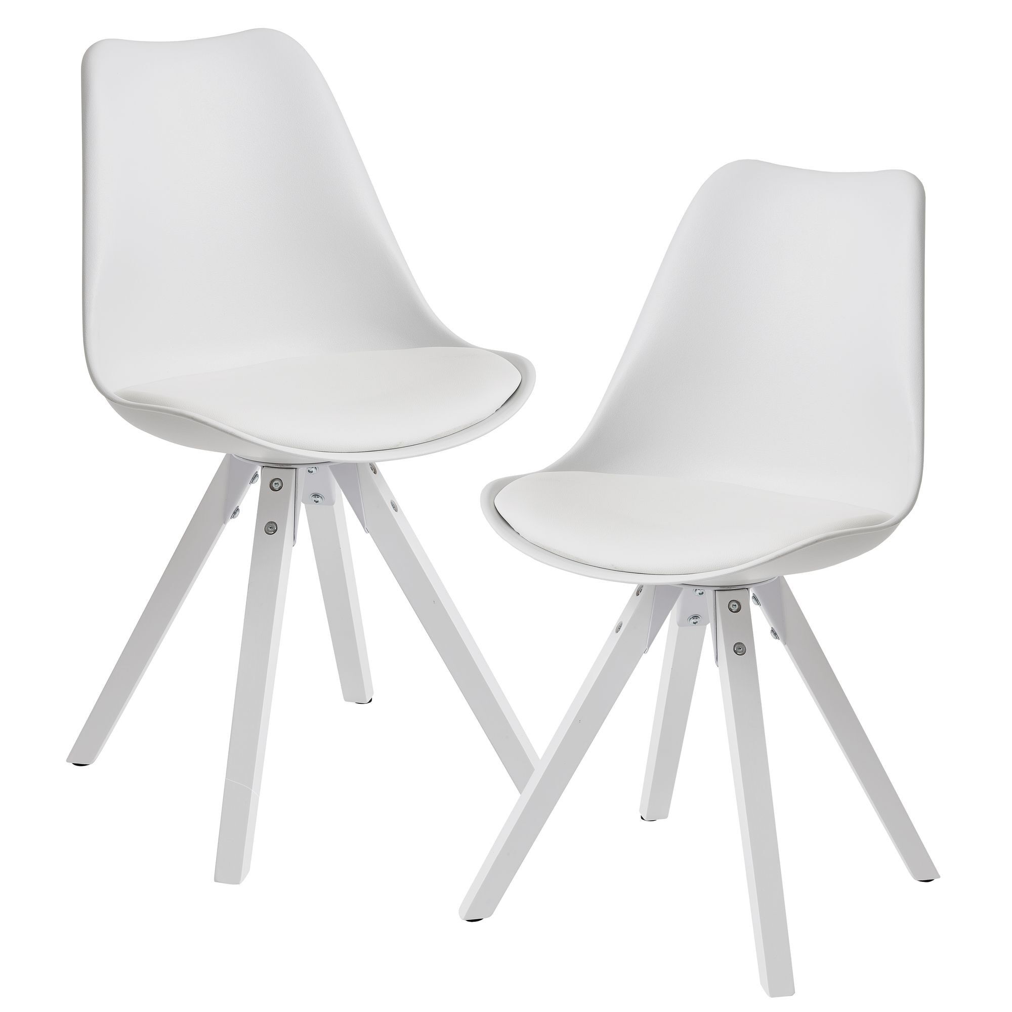 Set of 2 retro dining chairs white Scandinavian, upholstered backrest, kitchen chair with white legs, chair upholstered in imitation leather