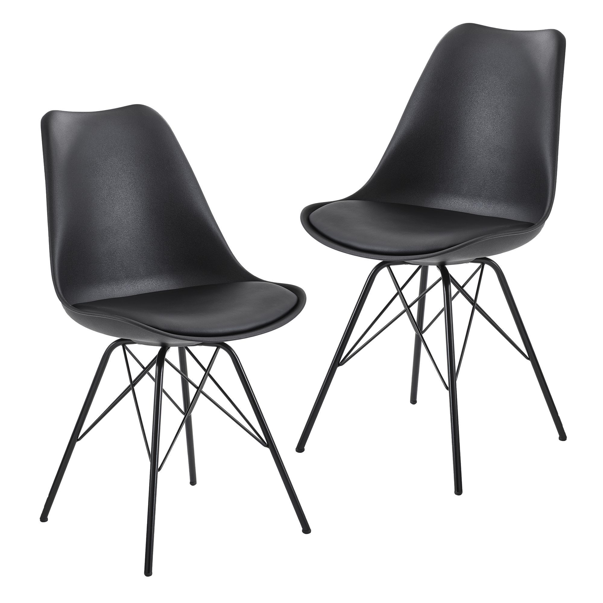 Dining room chair set of 2 black kitchen chair plastic Scandinavian design, bucket chair with imitation leather upholstery, upholstered chair