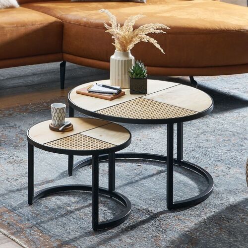 Designer living room table set of 2 mango/rattan side table round, coffee table Viennese wickerwork, table set 2-piece with metal legs, side table wood/metal