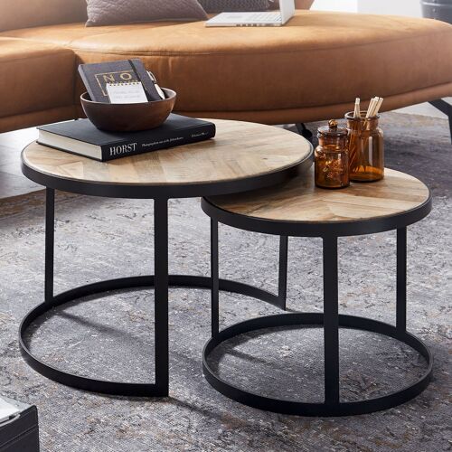 Coffee table set of 2 solid wood/metal coffee table industrial round, side table with black metal legs, table set 2-piece nesting table wood