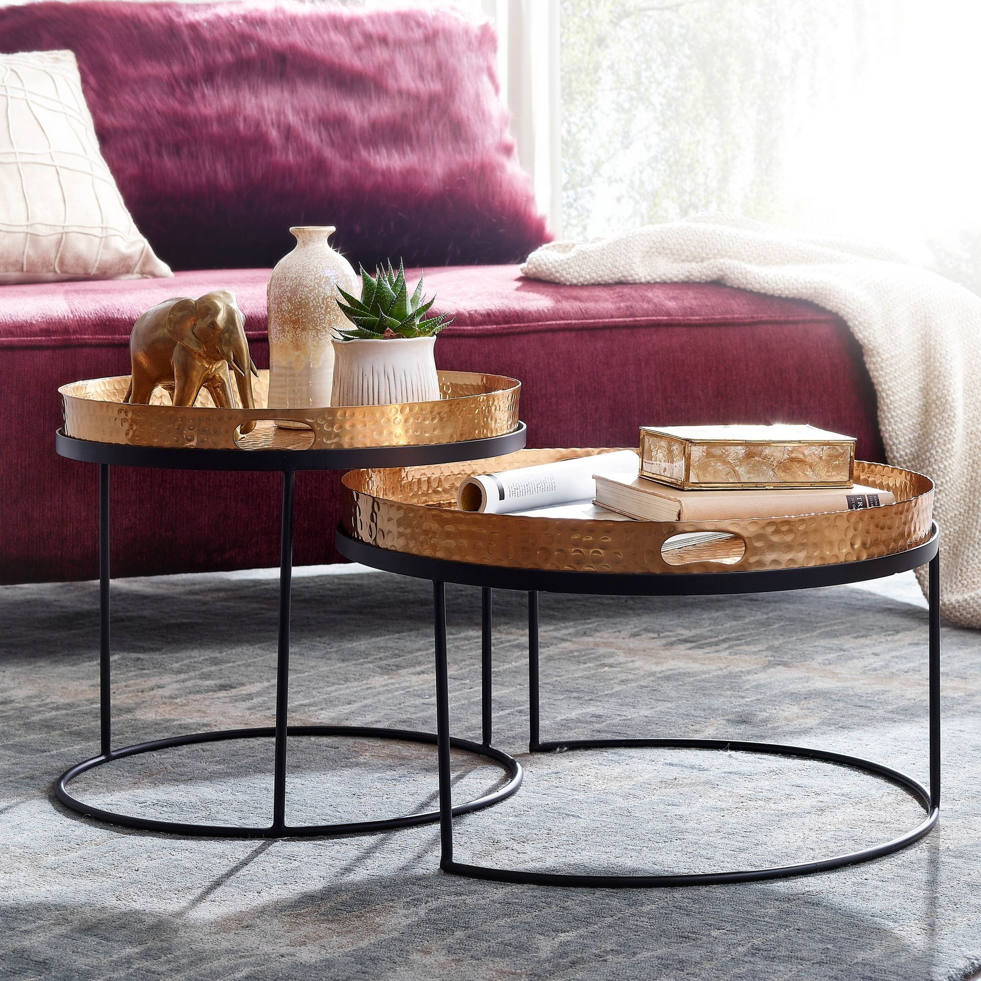 Coffee table set of 2 gold/black metal hammered nesting table round, coffee table removable tray, tray table bench 2 pieces modern, round side table