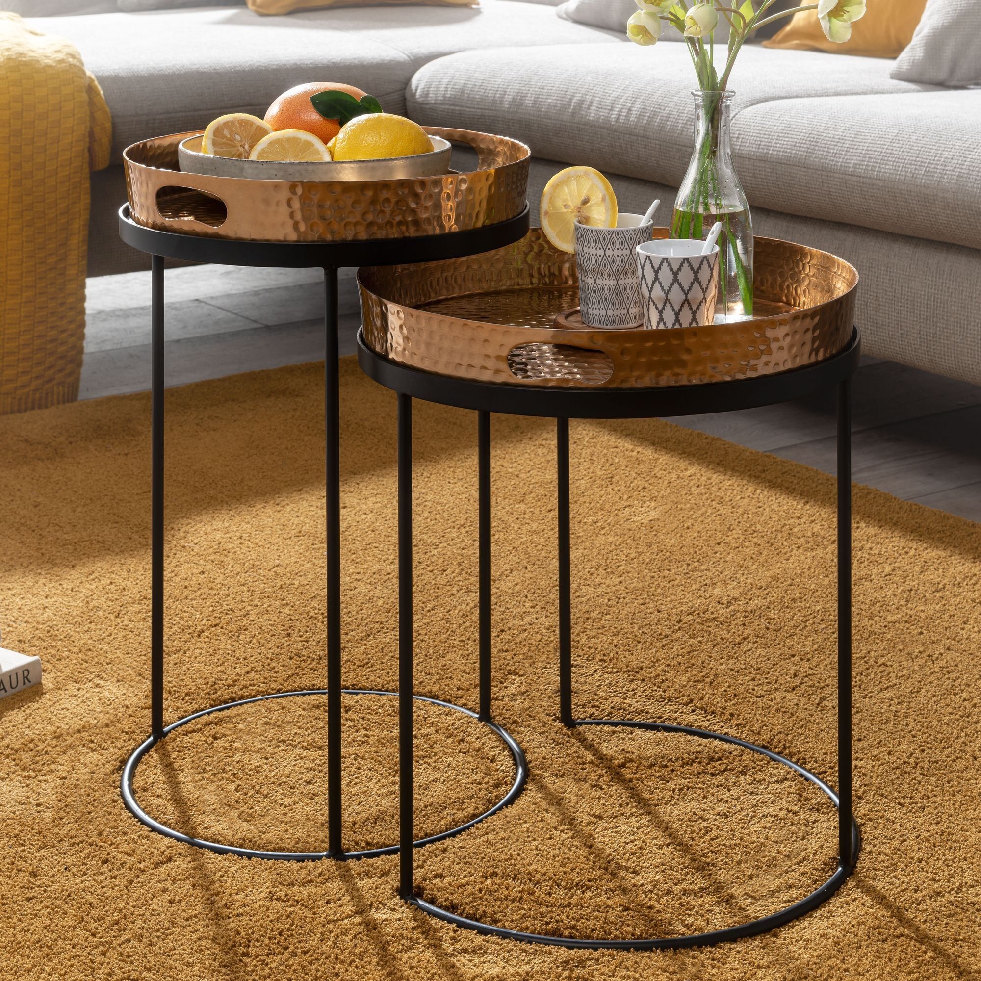 Side table set of 2 gold/black metal hammered nesting table round, coffee table with removable tray, tray table bench 2 pieces modern, round coffee table