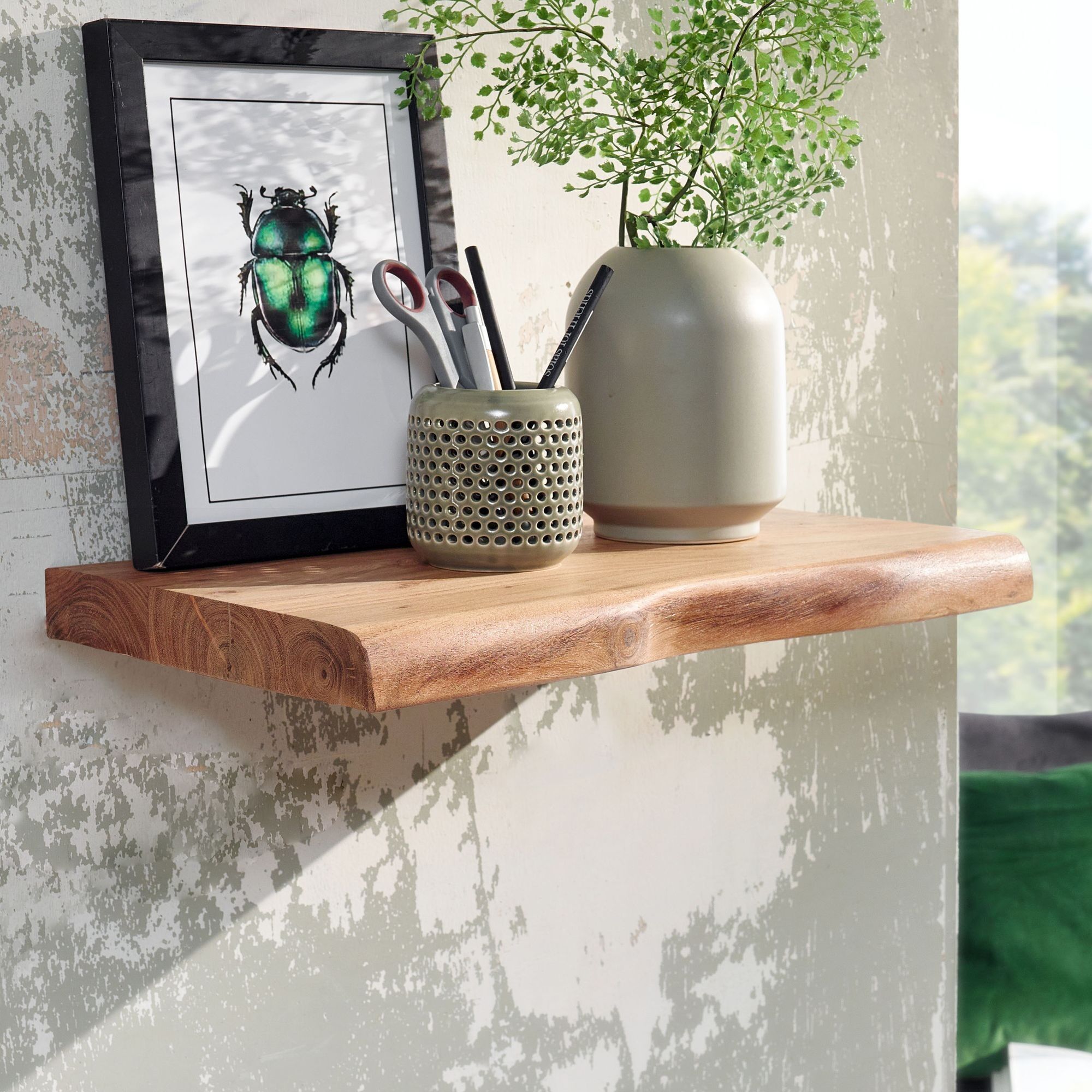 Wall shelf with tree edge acacia solid wood 40 cm, design floating shelf wall shelf solid, shelf natural wood, country style hanging shelf