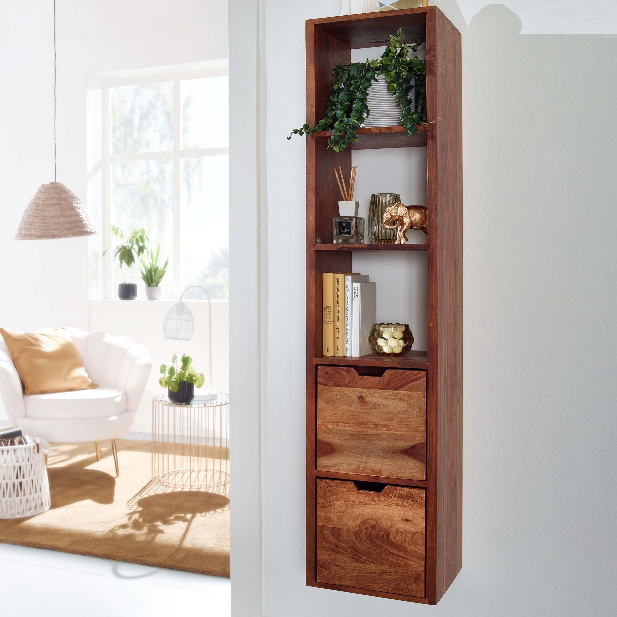 Wall shelf with drawers 35x150x30 cm Sheesham solid wood hanging shelf, large design floating shelf modern, hanging shelf living room, floating bookcase wall