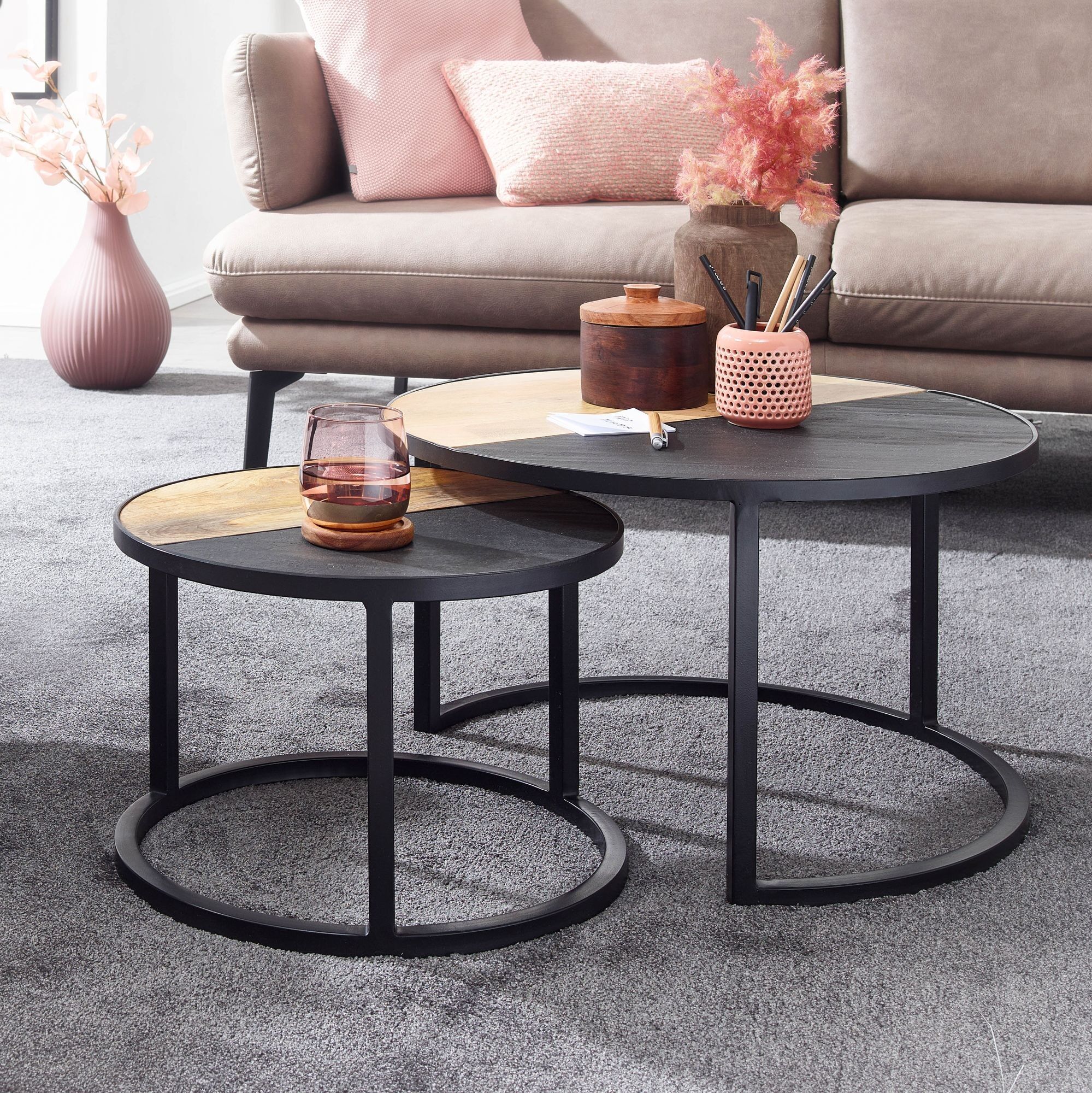 Coffee table set of 2, mango solid wood / stone look, round coffee table, modern, design side table 2-piece, round coffee tables, wooden table, metal side tables
