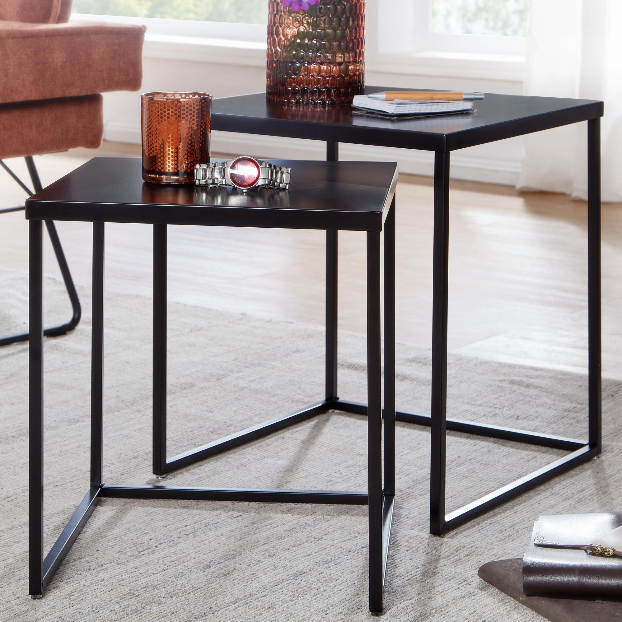 Living room table set of 2 square black metal side tables, industrial design side table, square coffee table, 2-piece nesting table steel