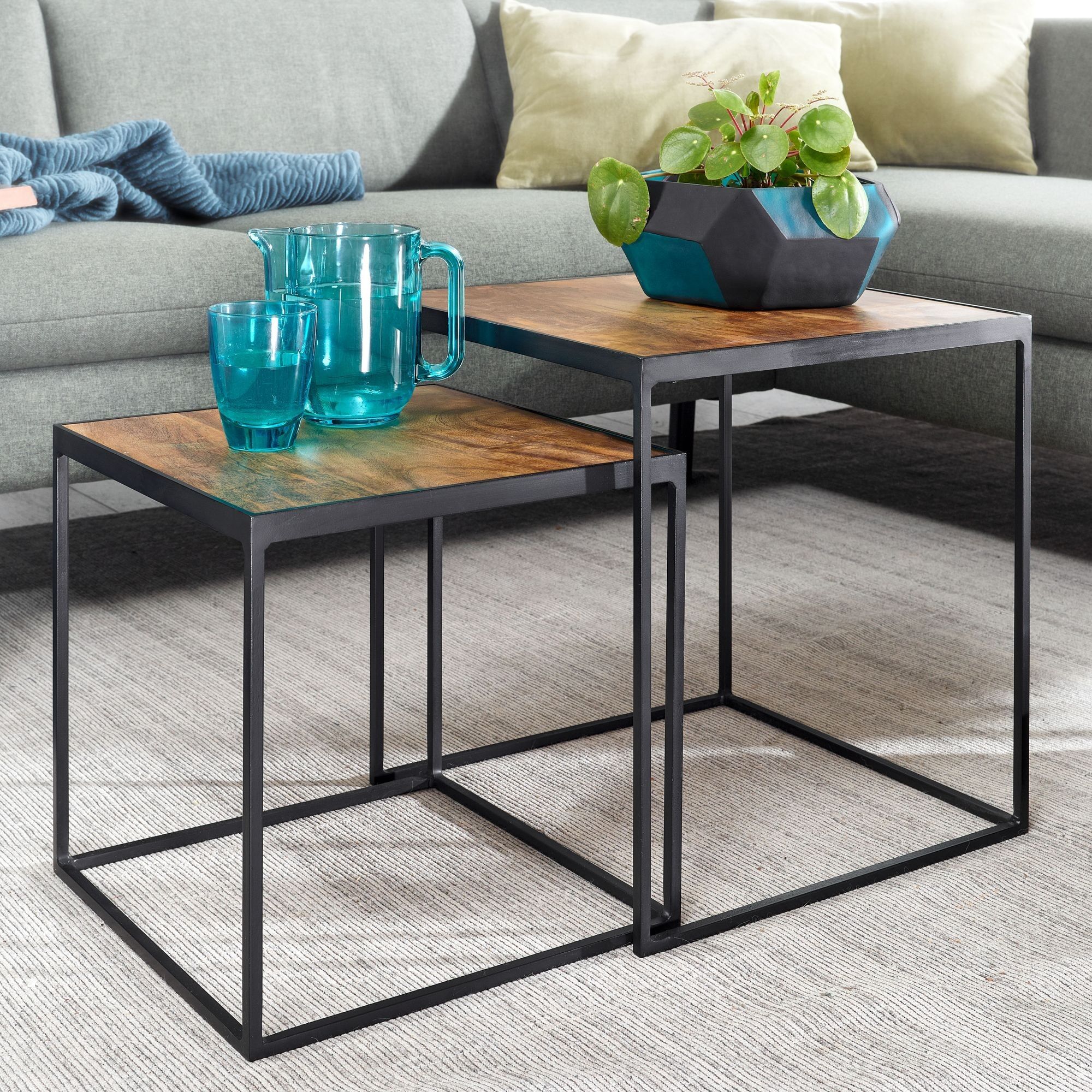 Living room table set of 2 mango solid wood/metal side table square, design side table industrial, coffee table coffee table square, table set 2-piece nesting table