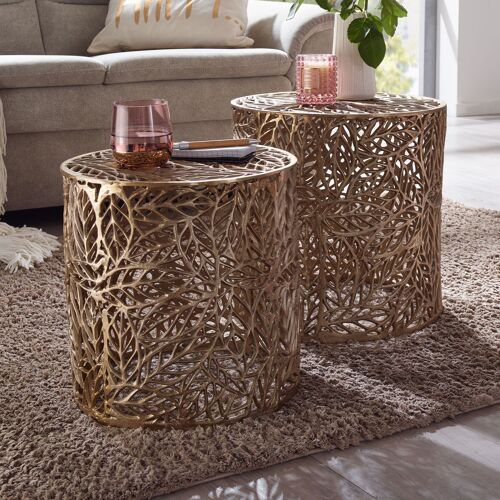 Side table set of 2 aluminum gold design side tables metal round, coffee table coffee table floral pattern modern, coffee table 2-piece living room floral