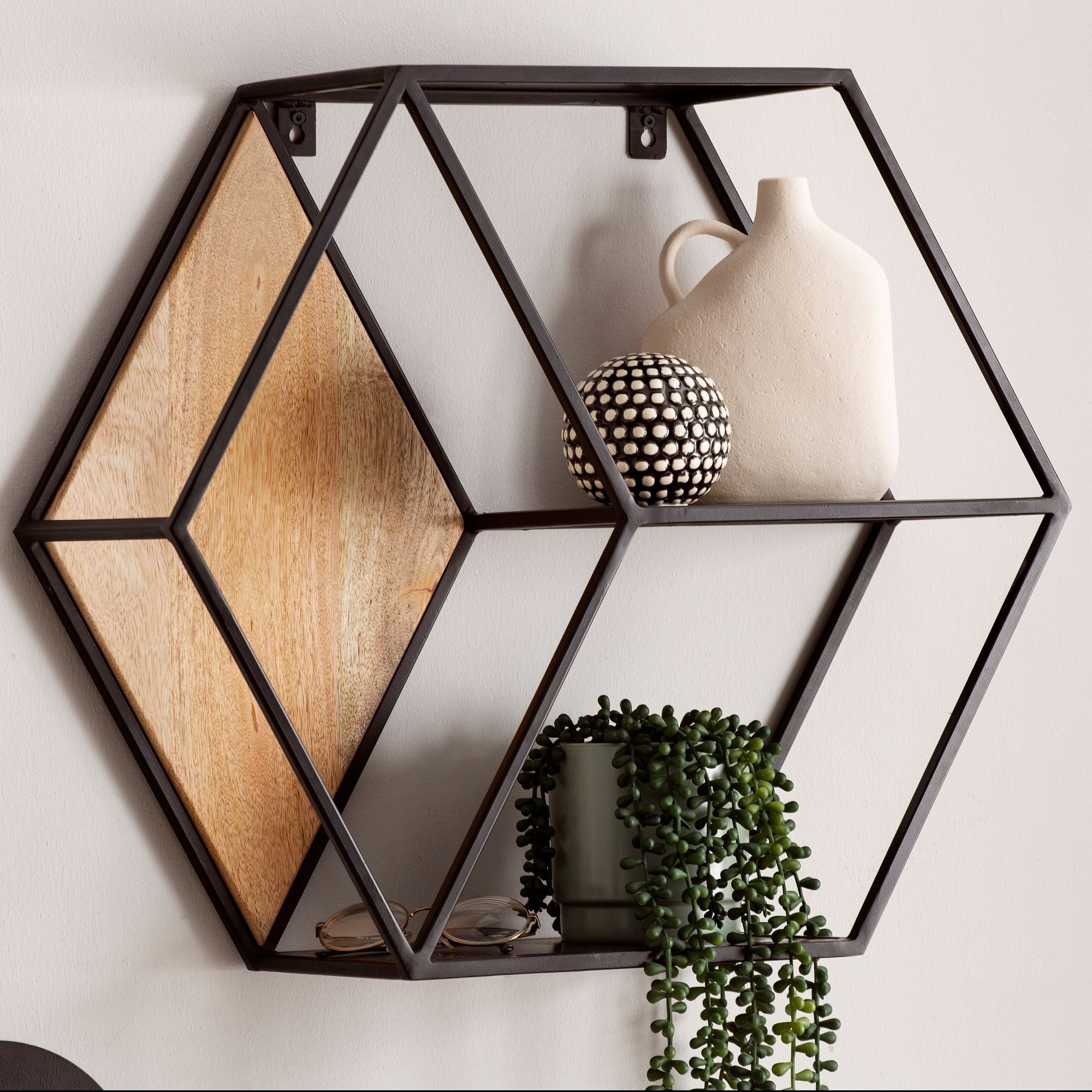 Wall shelf 60x52x20 cm mango solid wood/metal industrial hanging shelf, design floating shelf hexagonal, decorative hanging shelf honeycomb shape, wall shelf with 3 shelves