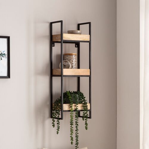 Wall shelf 27x77x18 cm mango solid wood / metal hanging shelf industrial, design floating shelf rectangular, hanging shelf living room, tray shelf wall with 3 shelves & metal frame