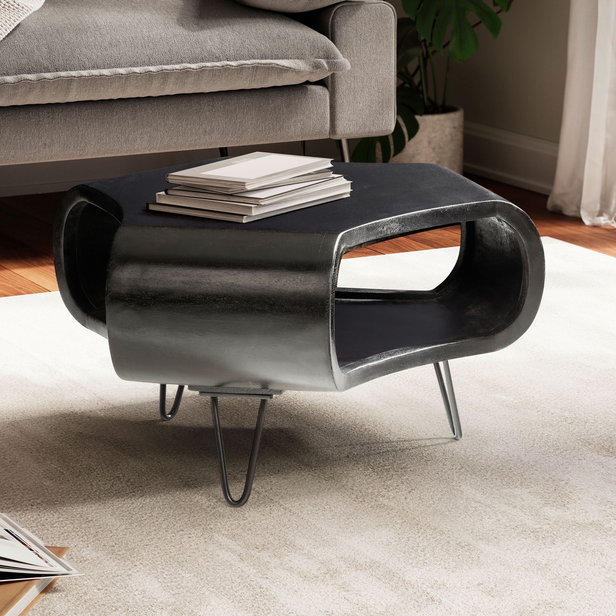 Coffee table 60x60x35 cm mango solid wood metal black coffee table, designer living room table organic with storage space, solid coffee table, small living room table with hairpin legs