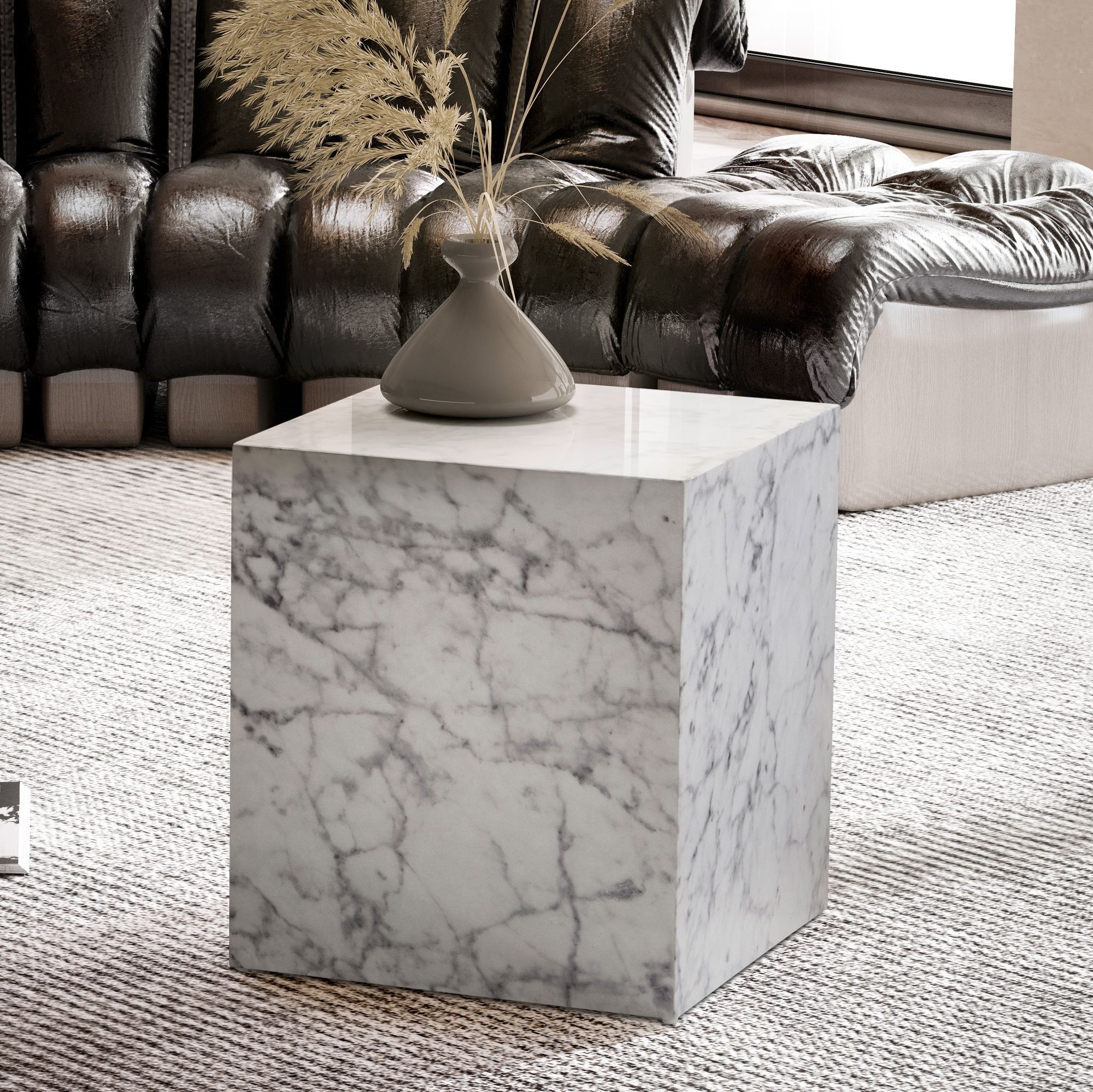 MONOBLOC coffee table 40x40x45 cm white high-gloss with marble look, Cube square coffee table, designer coffee table, lounge side table cube shape