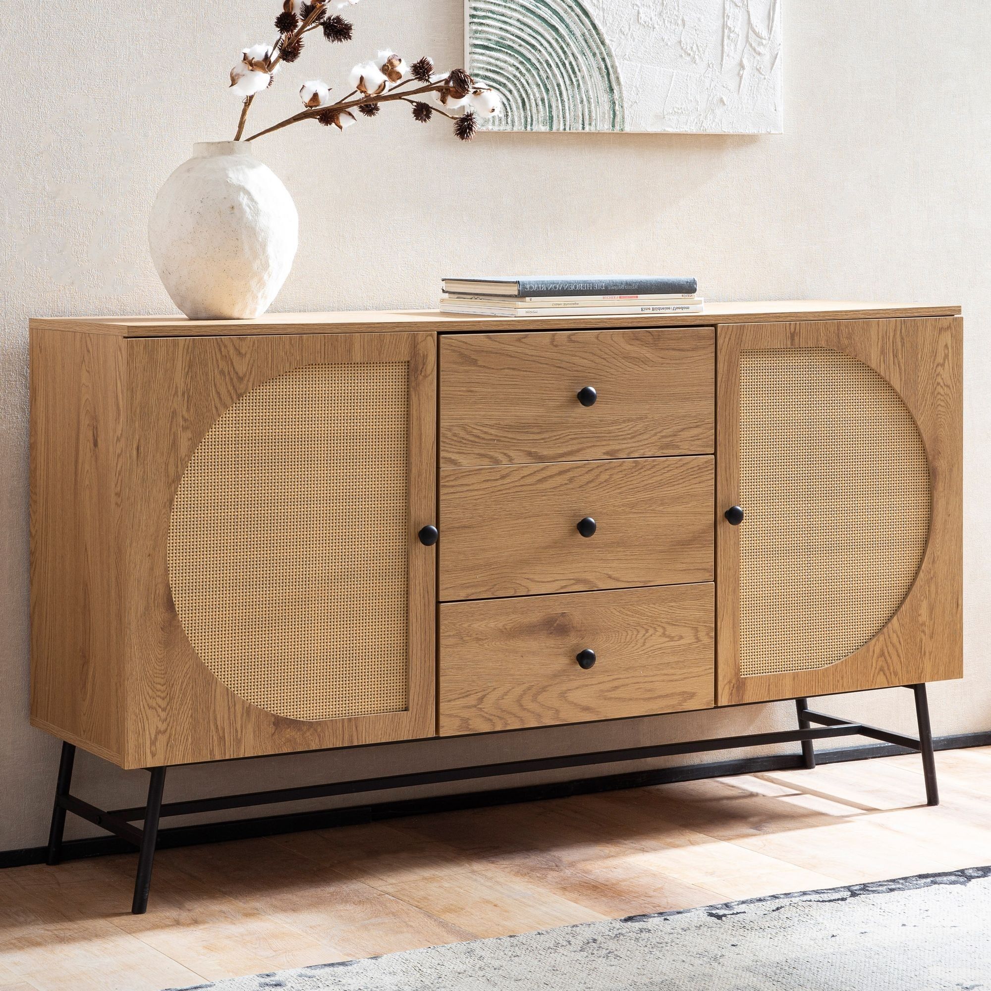 Sideboard 140x80x40 cm chest of drawers oak decor with rattan wickerwork modern, high chest of drawers, standing cabinet with 2 doors and 3 drawers, sideboard living room