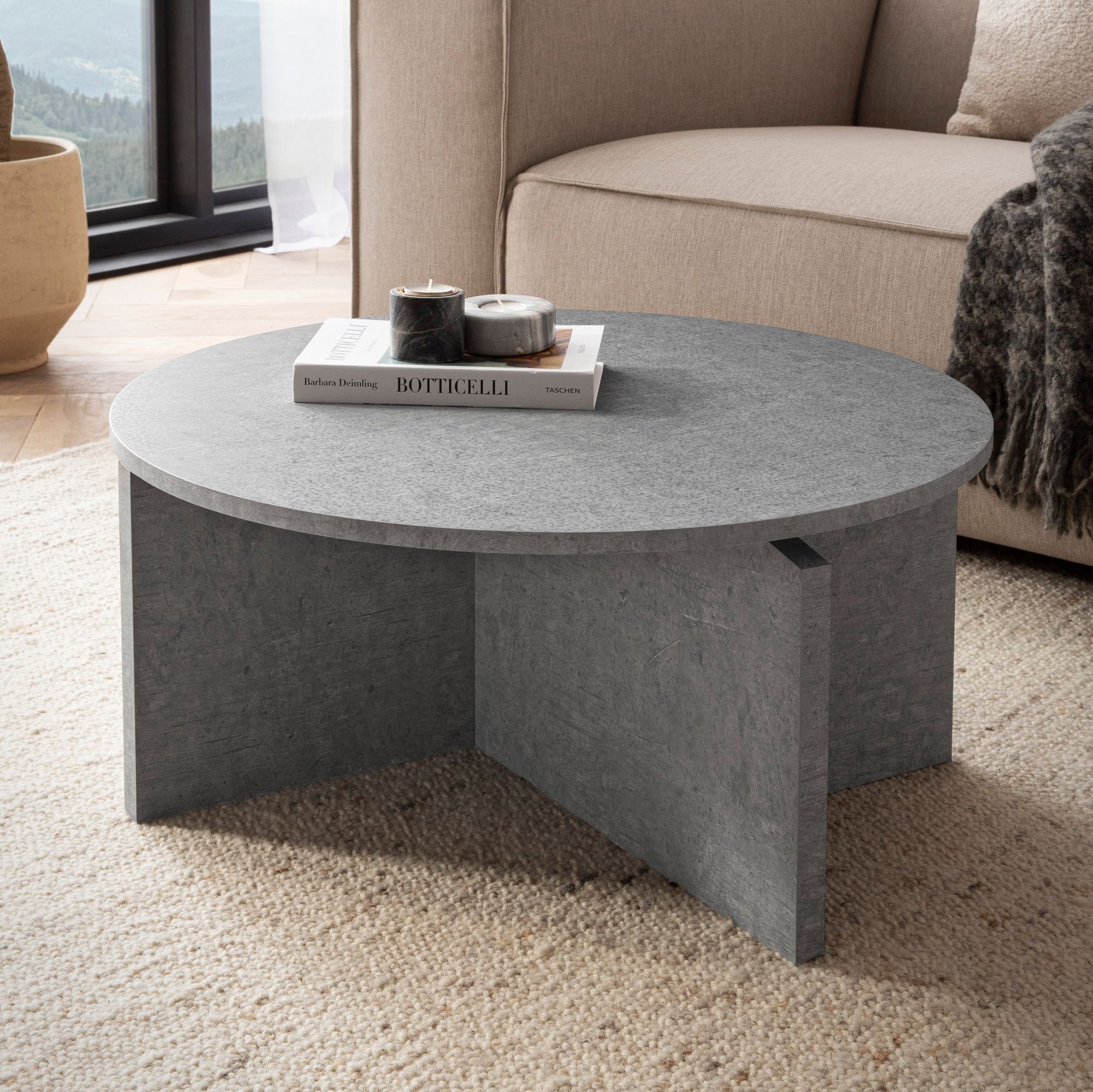 Coffee table 70x70x33 cm gray coffee table in concrete look modern, design coffee table round, large coffee table, coffee table side table