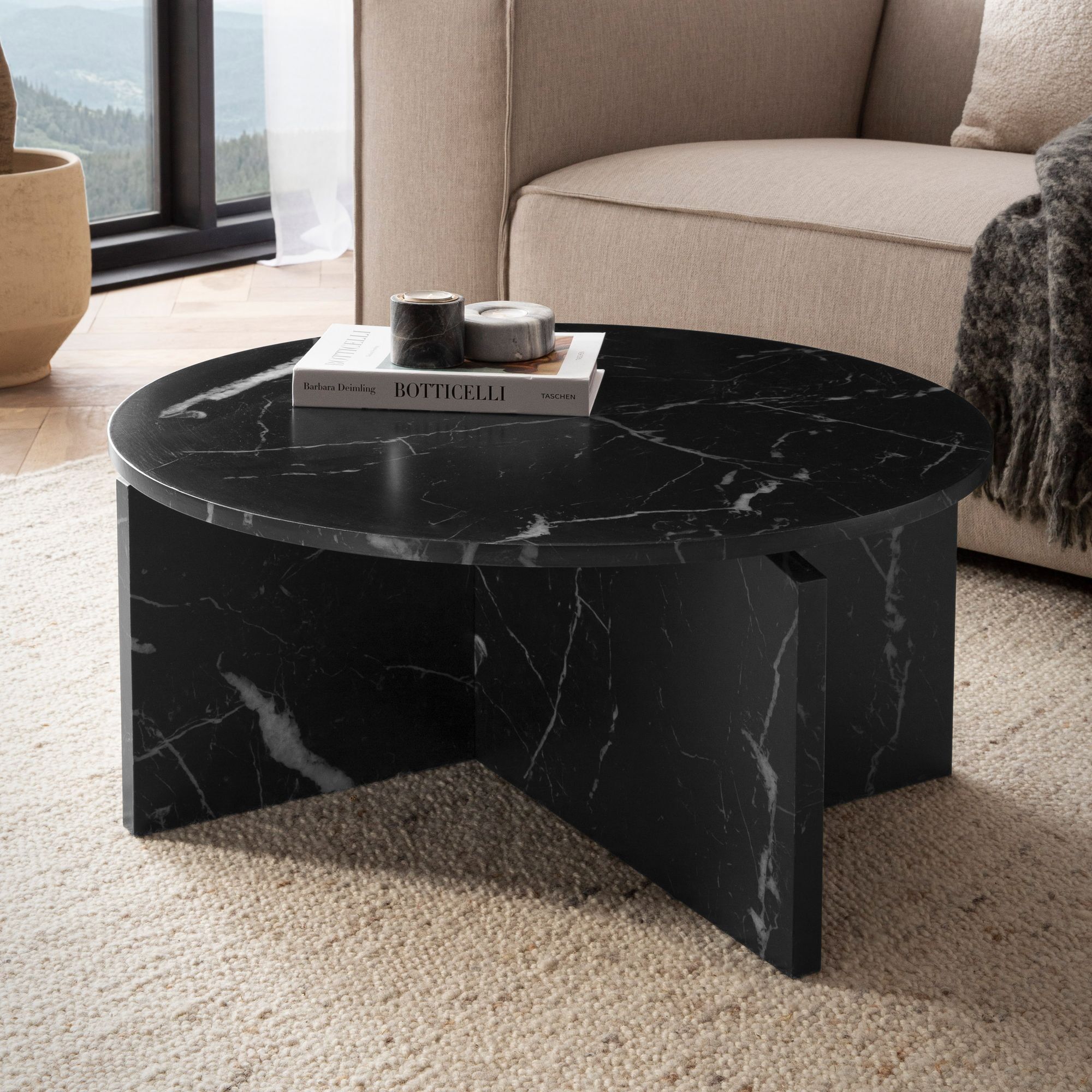 Coffee table 70x70x33 cm Black coffee table in marble look Modern design coffee table Round coffee table Large coffee table Side table