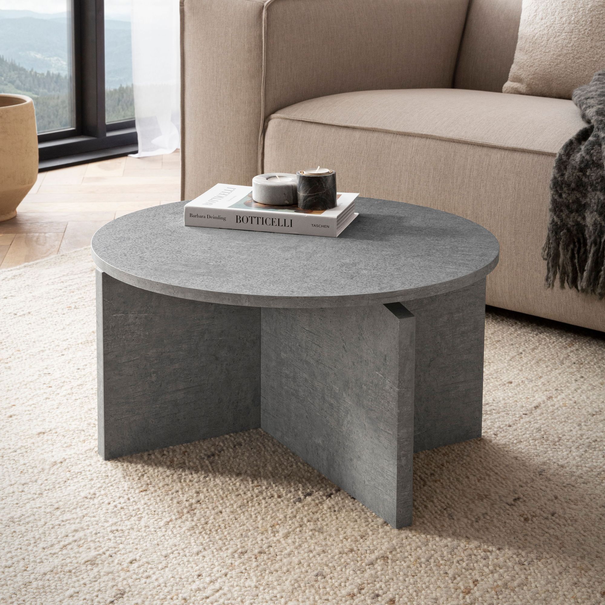 Coffee table 60x60x33 cm gray coffee table in concrete look modern, design coffee table round, coffee table small, coffee table side table