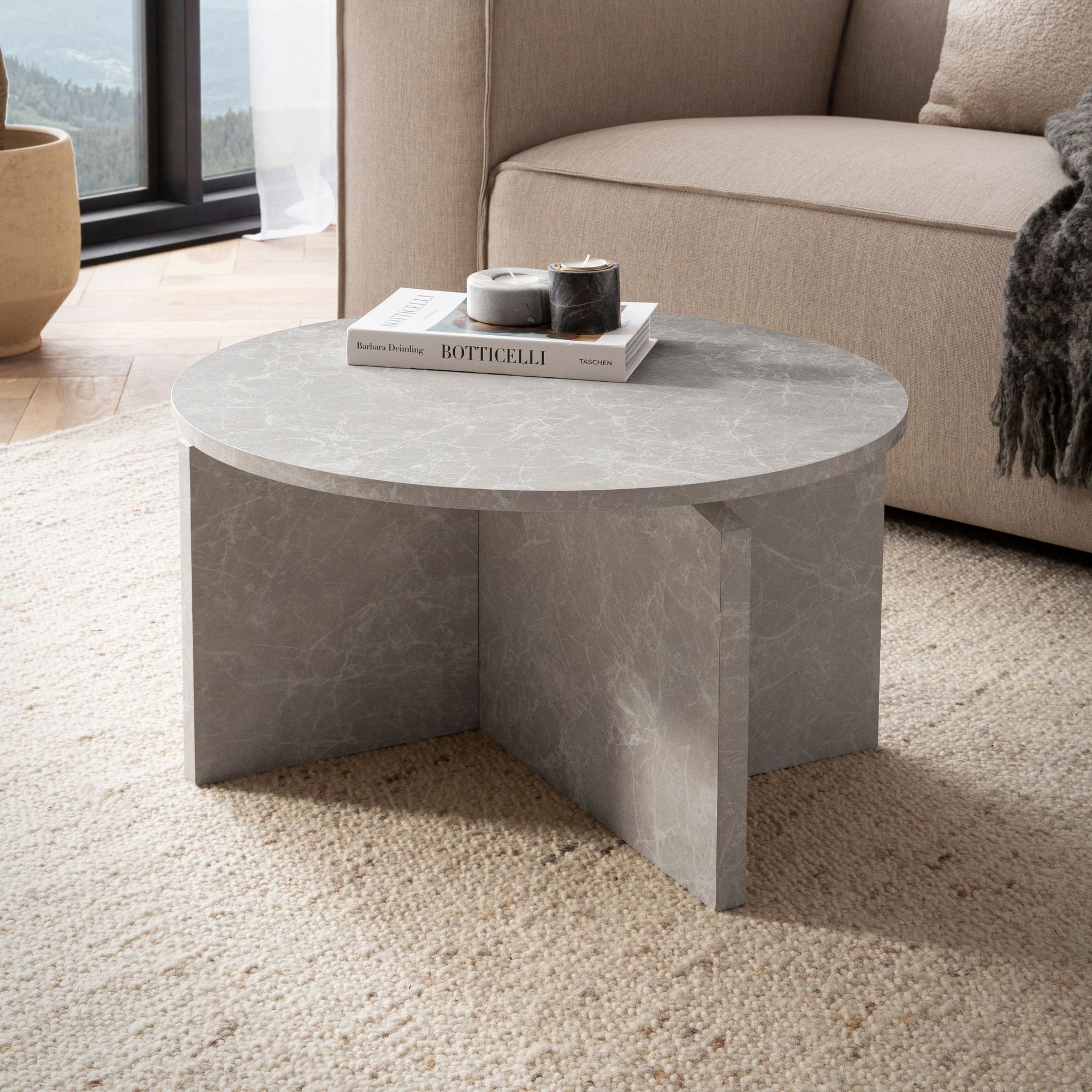 Coffee table 60x60x33 cm sand-colored coffee table in stone look modern, design coffee table round, coffee table beige, coffee table side table small