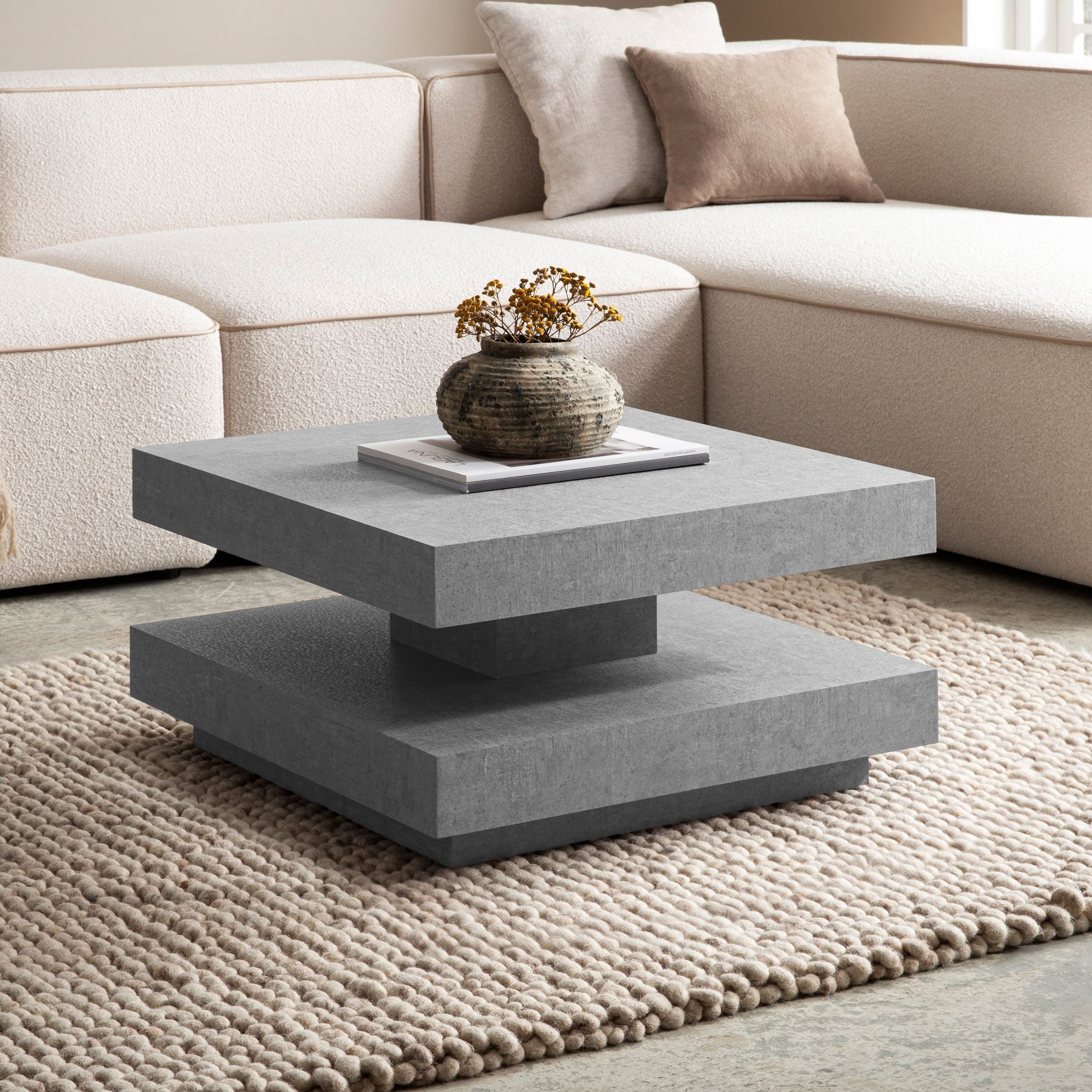 Coffee table 60x60x34 cm gray coffee table in concrete look modern, design coffee table with storage space square, small coffee table, coffee table
