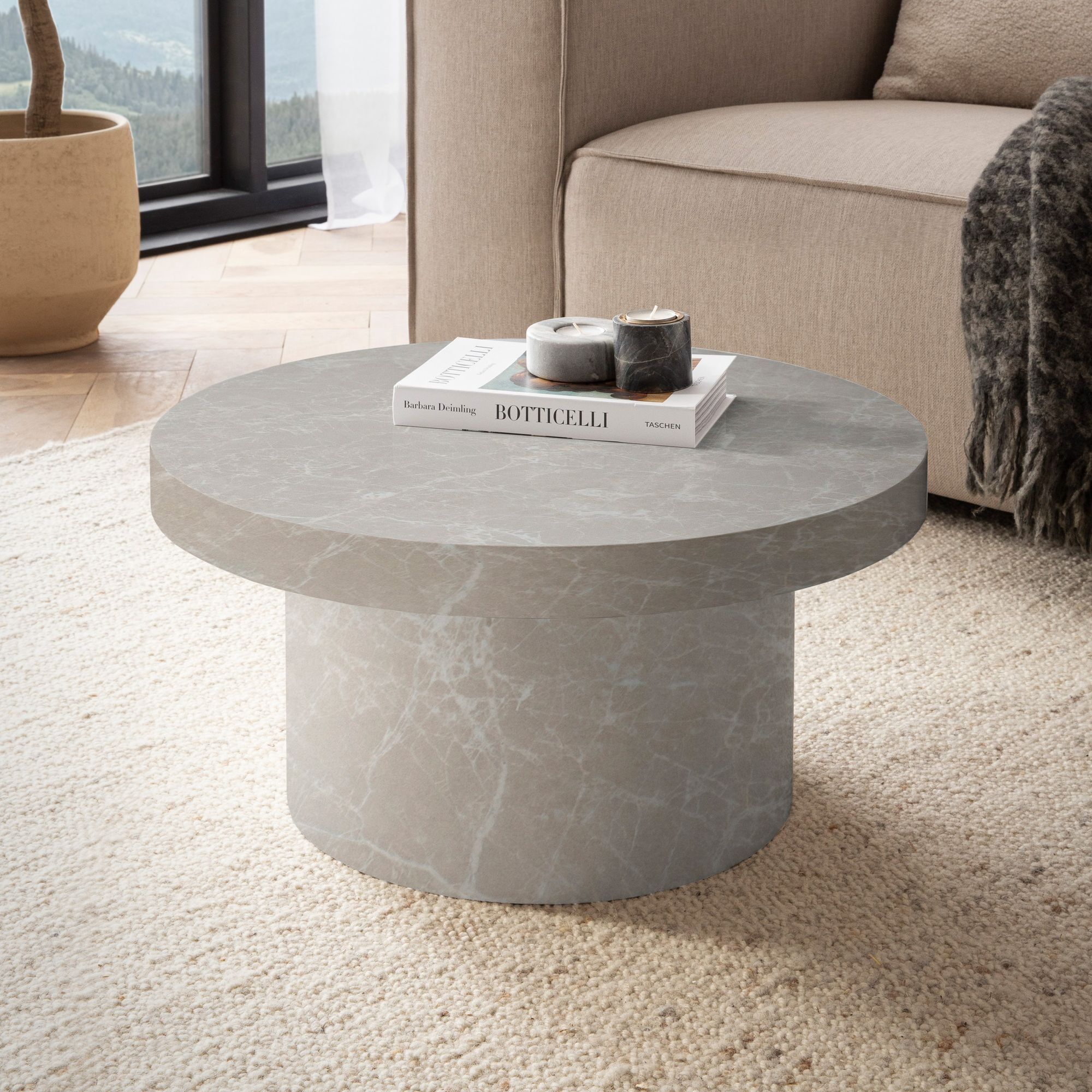 Coffee table 60x60x30 cm sand-colored coffee table in stone look modern, designer coffee table round beige, coffee table in mushroom shape, coffee table side table small